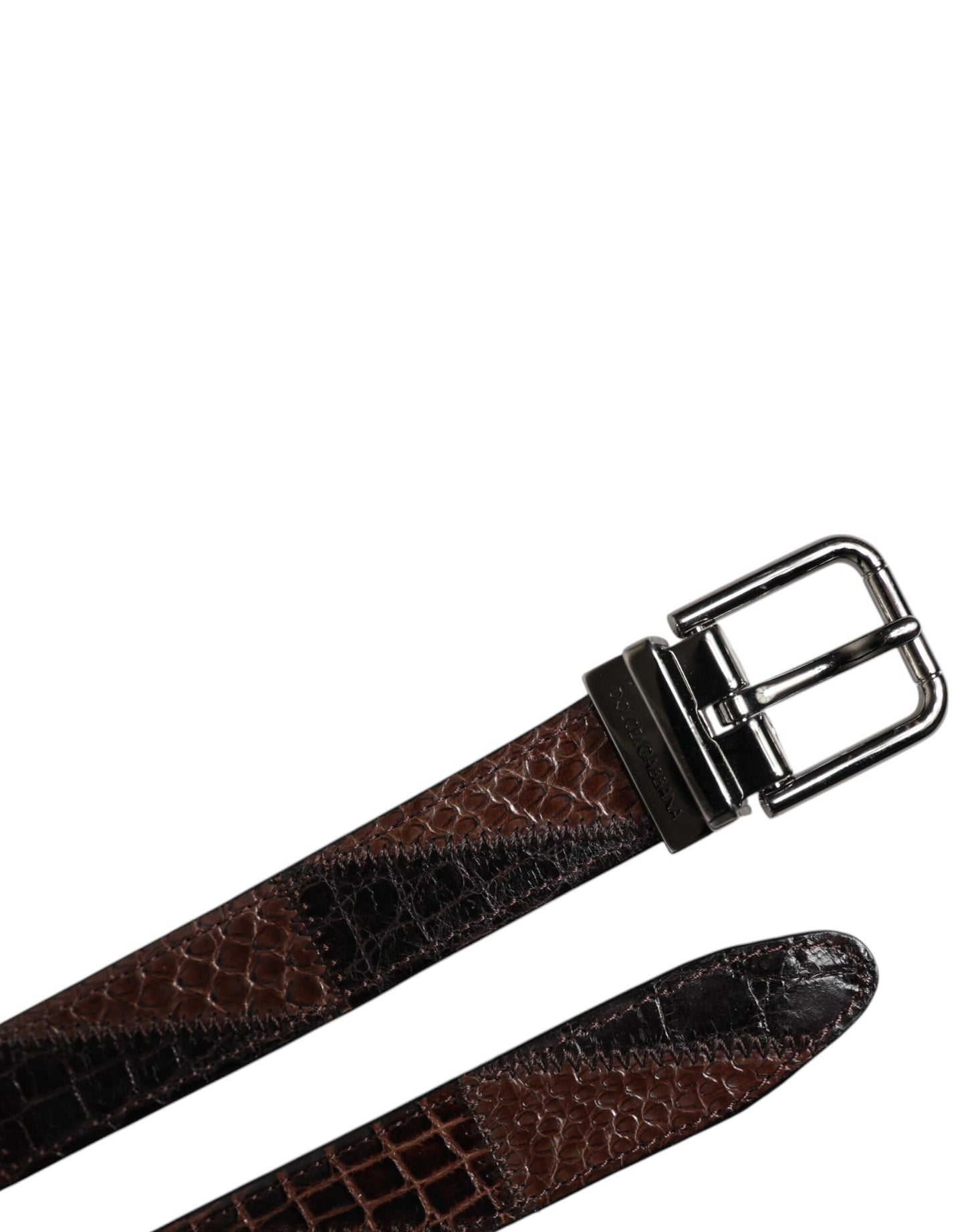 Brown Exotic Leather Metal Logo Buckle Belt