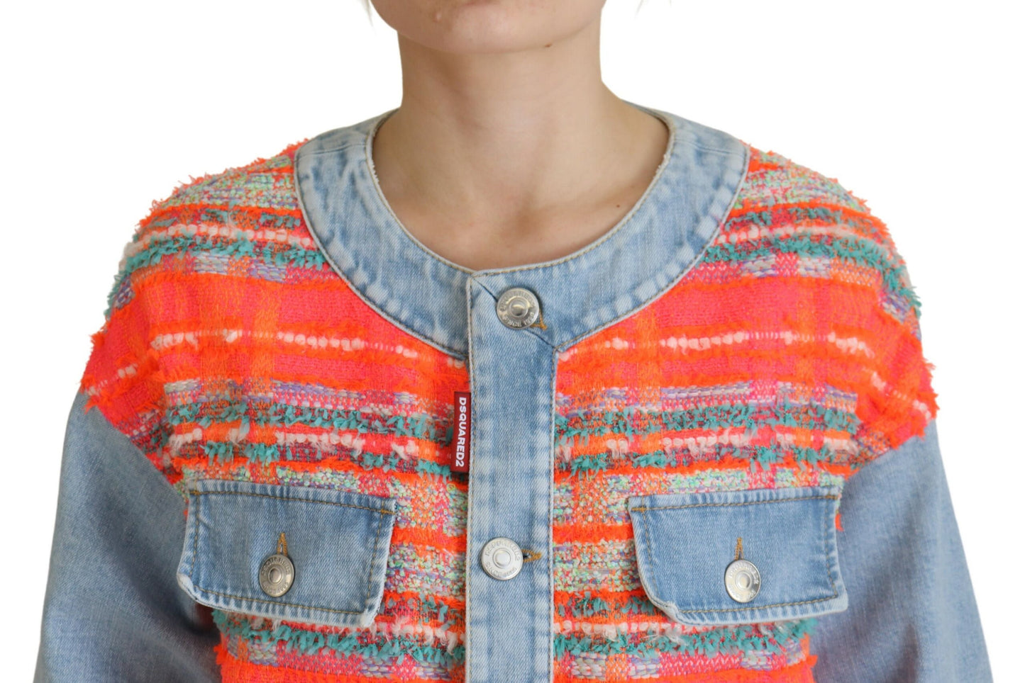 Orange Blue Panelled Button Front Denim Jacket