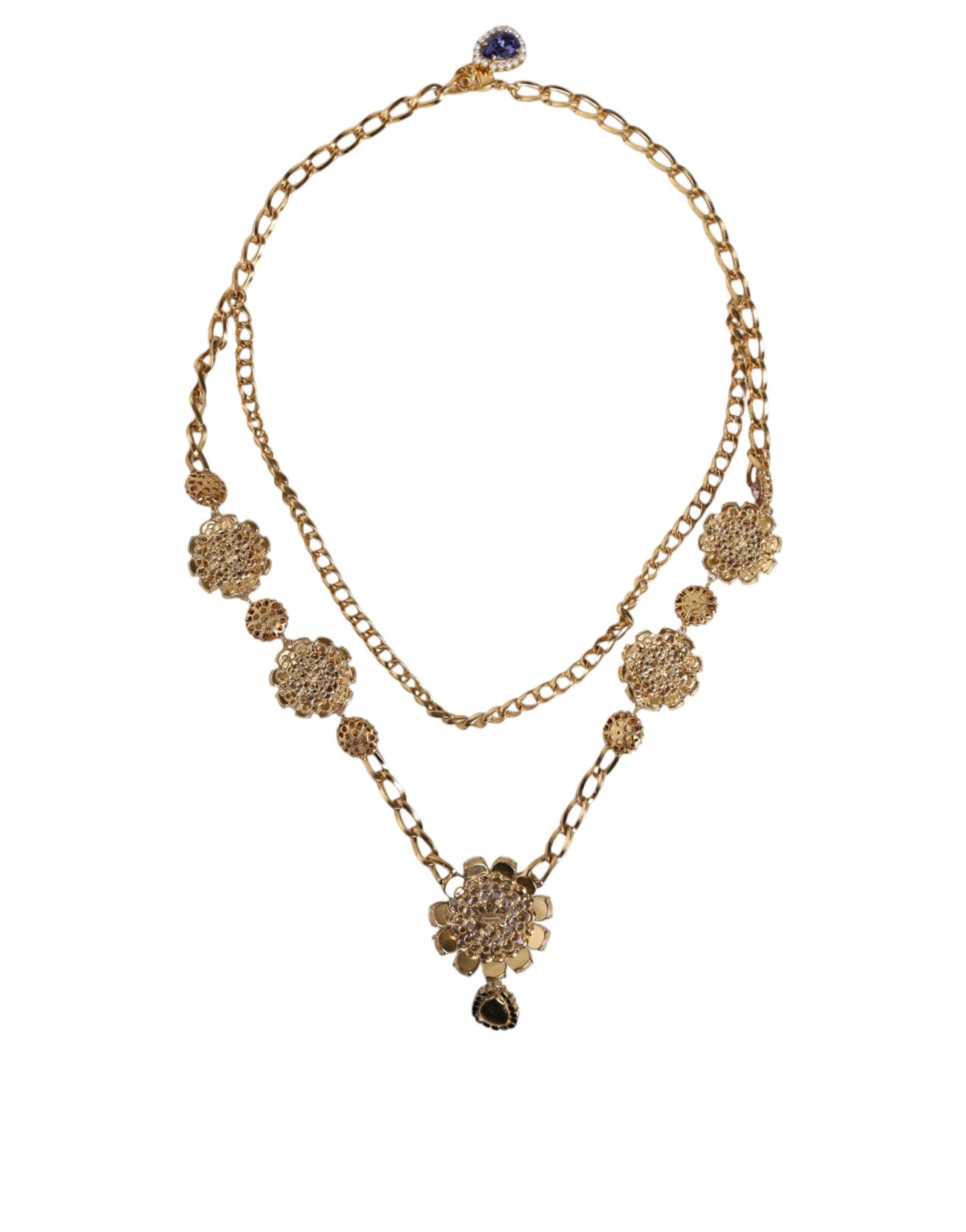 Gold Tone Floral Crystals Embellished Layered Necklace