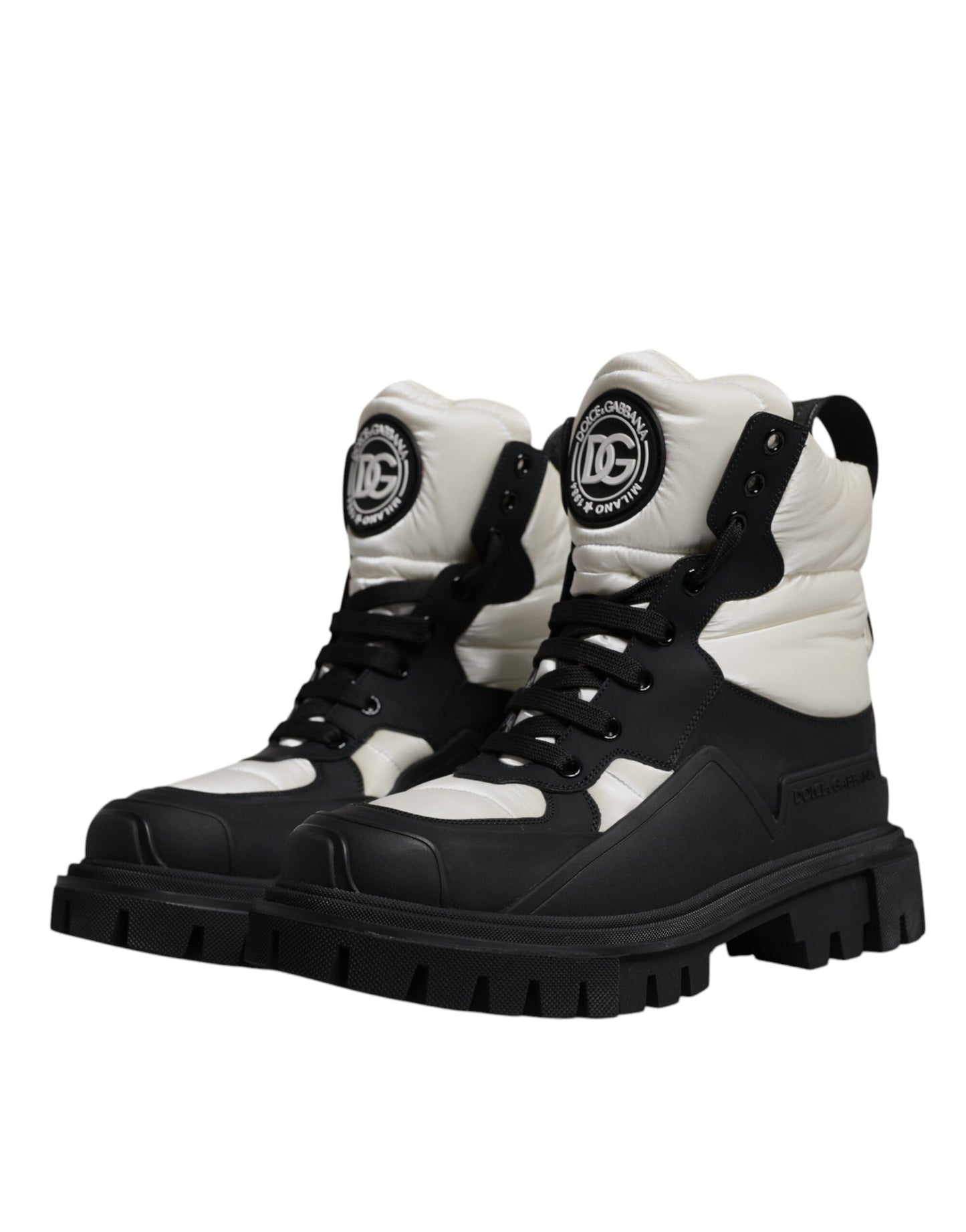 Black White Padded Mid Calf Lace Up Boots Shoes