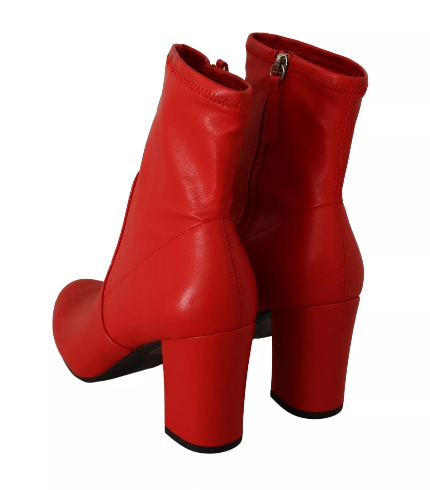 Red Leather Block Heels Ankle Boots Shoes