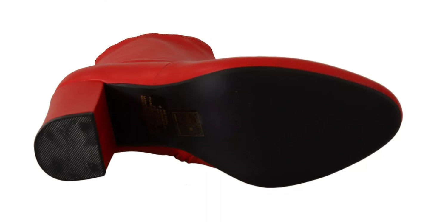 Red Leather Block Heels Ankle Boots Shoes