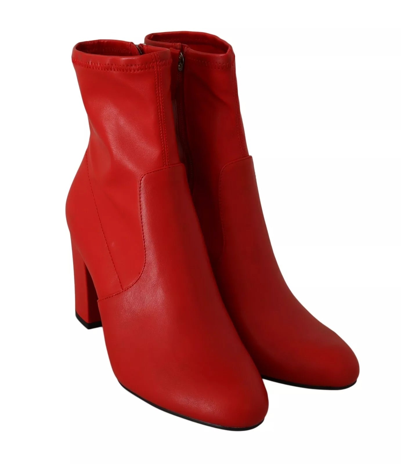 Red Leather Block Heels Ankle Boots Shoes