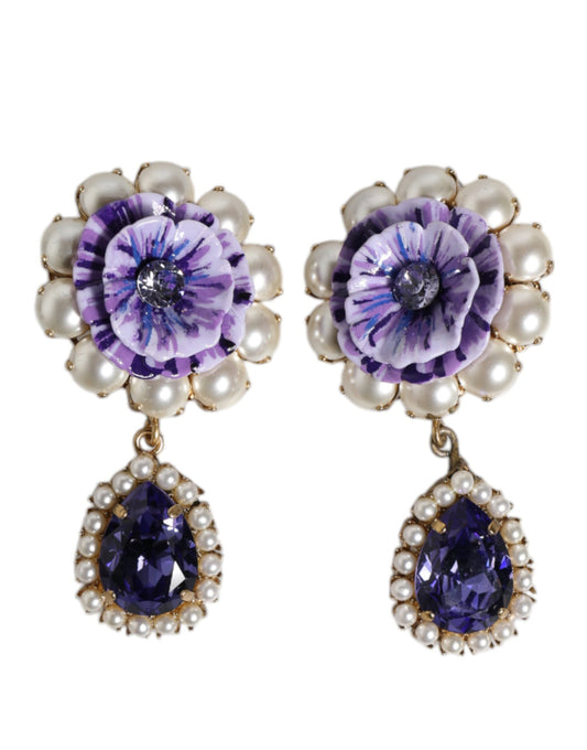 Purple Flower Pearl Teardrop Crystals Clip On Earrings