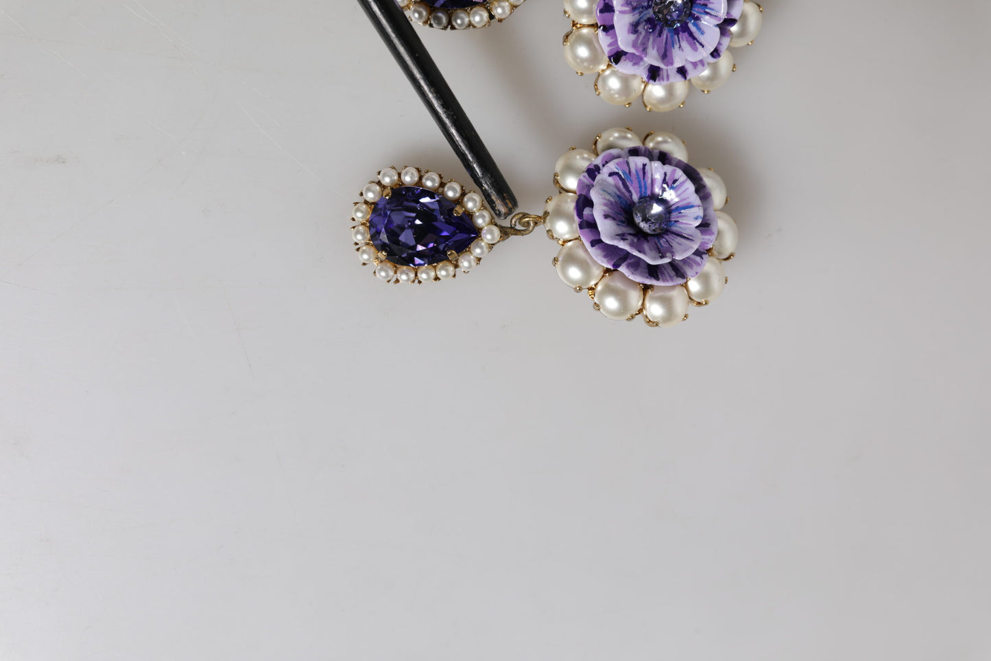 Purple Flower Pearl Teardrop Crystals Clip On Earrings