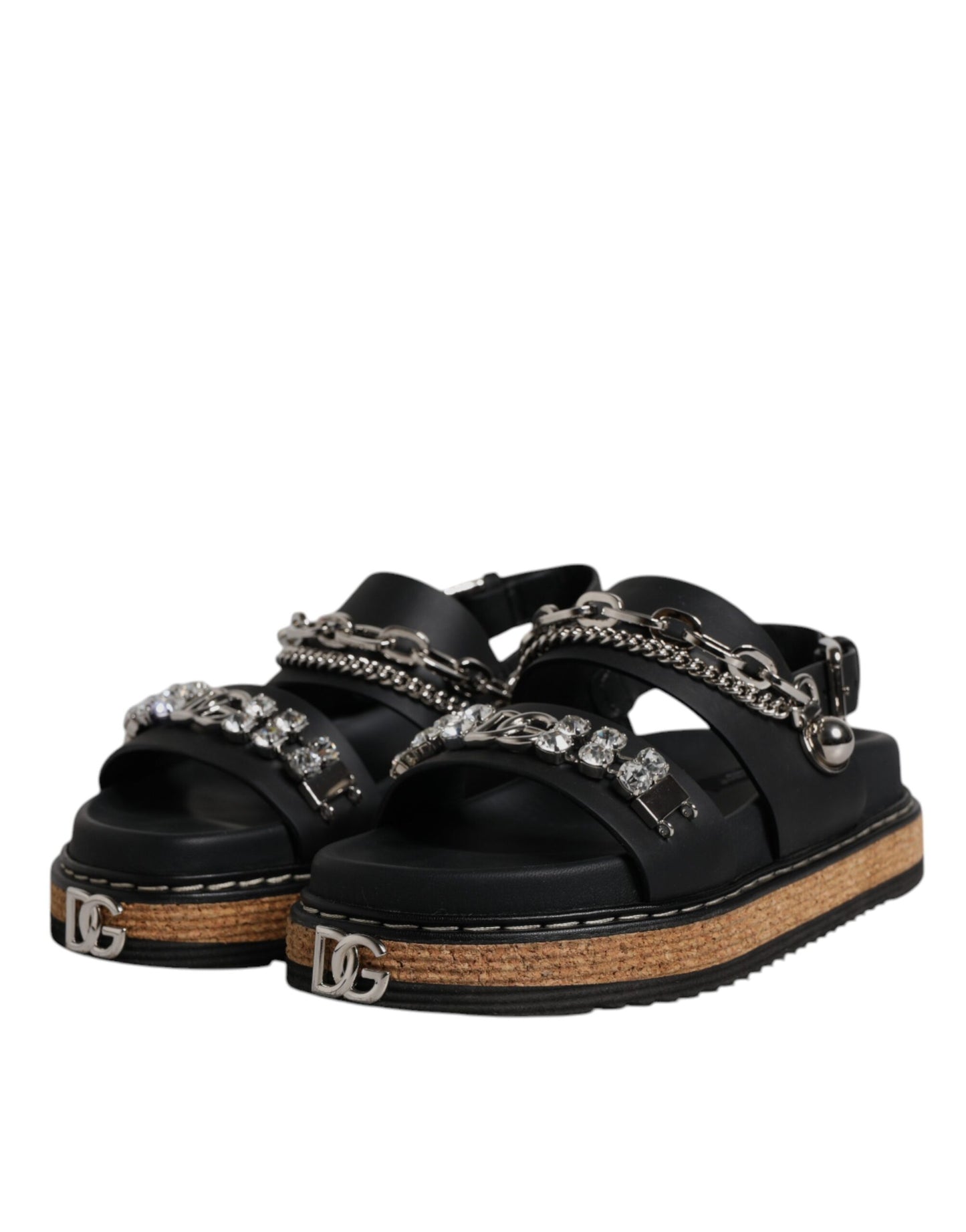Black Crystal Embellish Strap Sandals Shoes