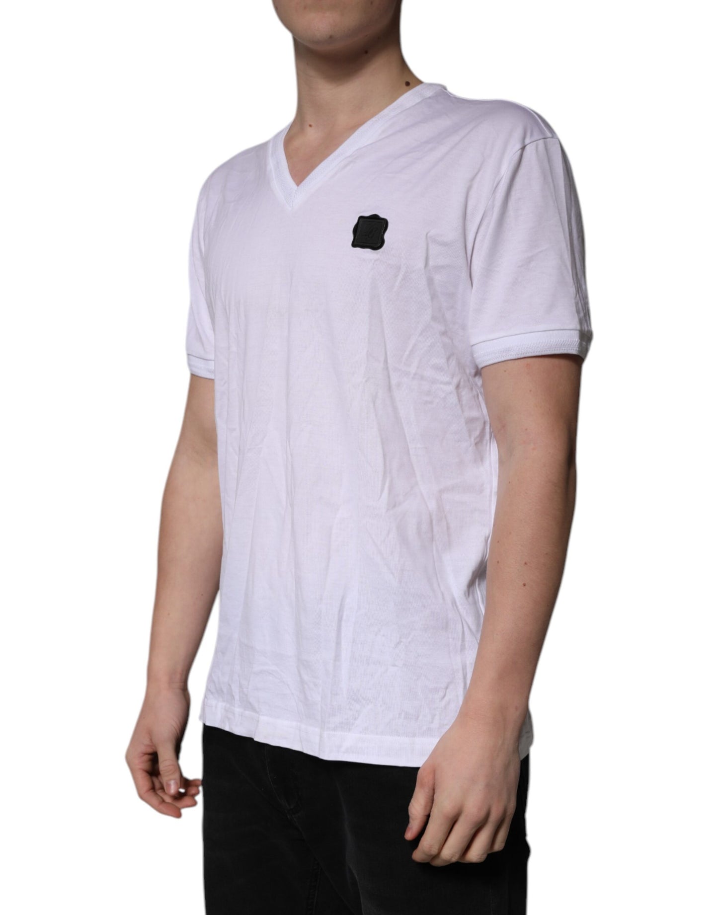 White Cotton Logo Patch V-neck Tee T-shirt