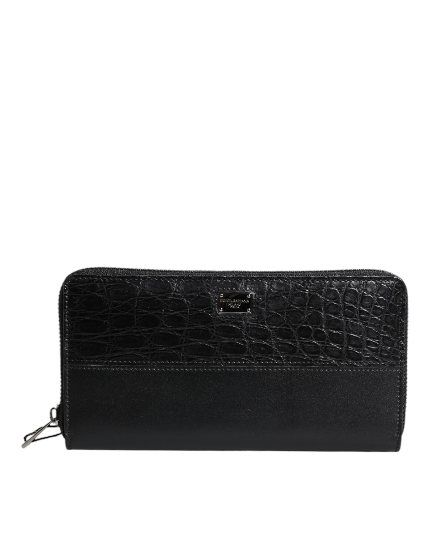 Black Leather Logo Plaque Zip Around Continental Wallet