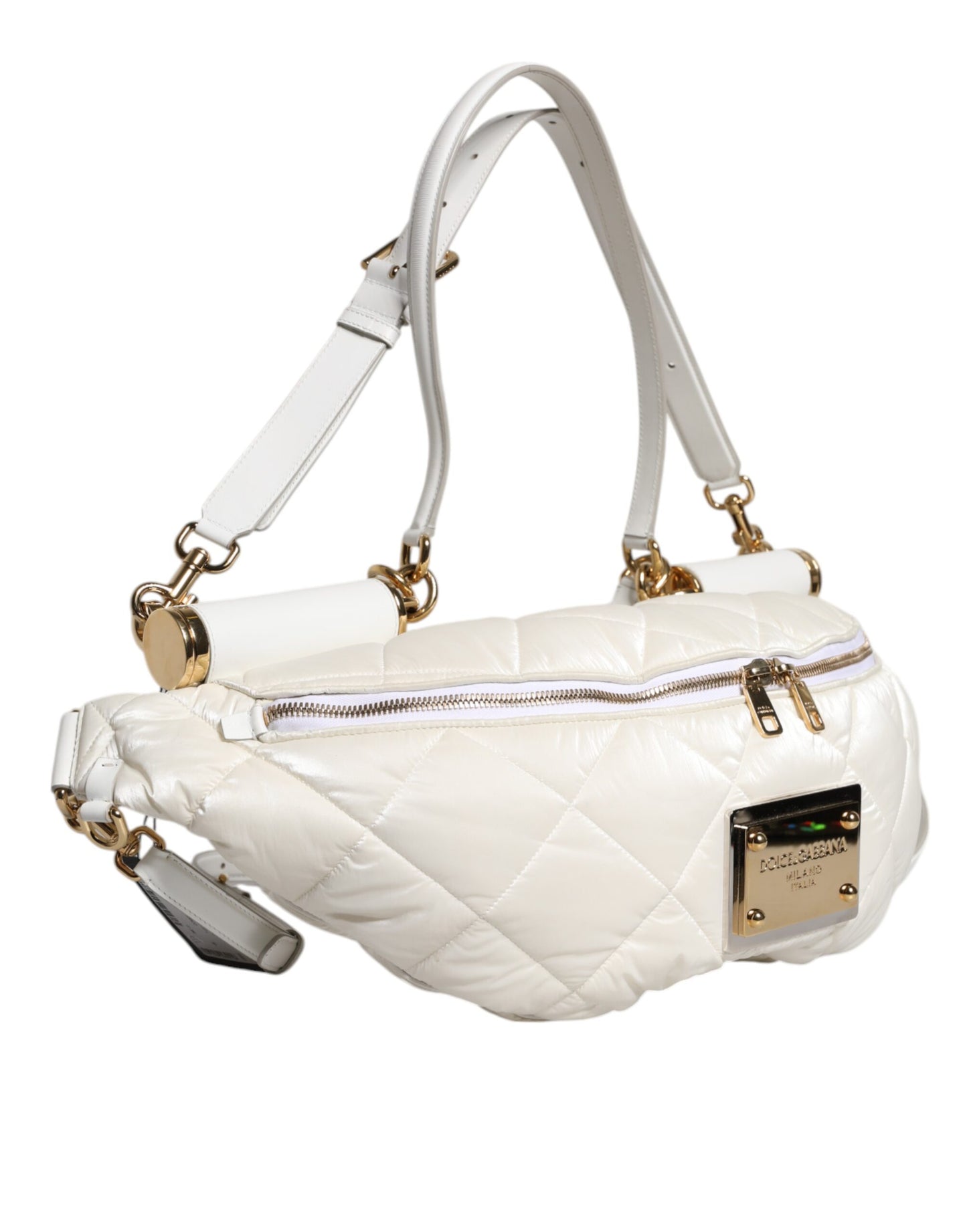 White Quilted Logo Plaque Belt Waist Fanny Pack Bag