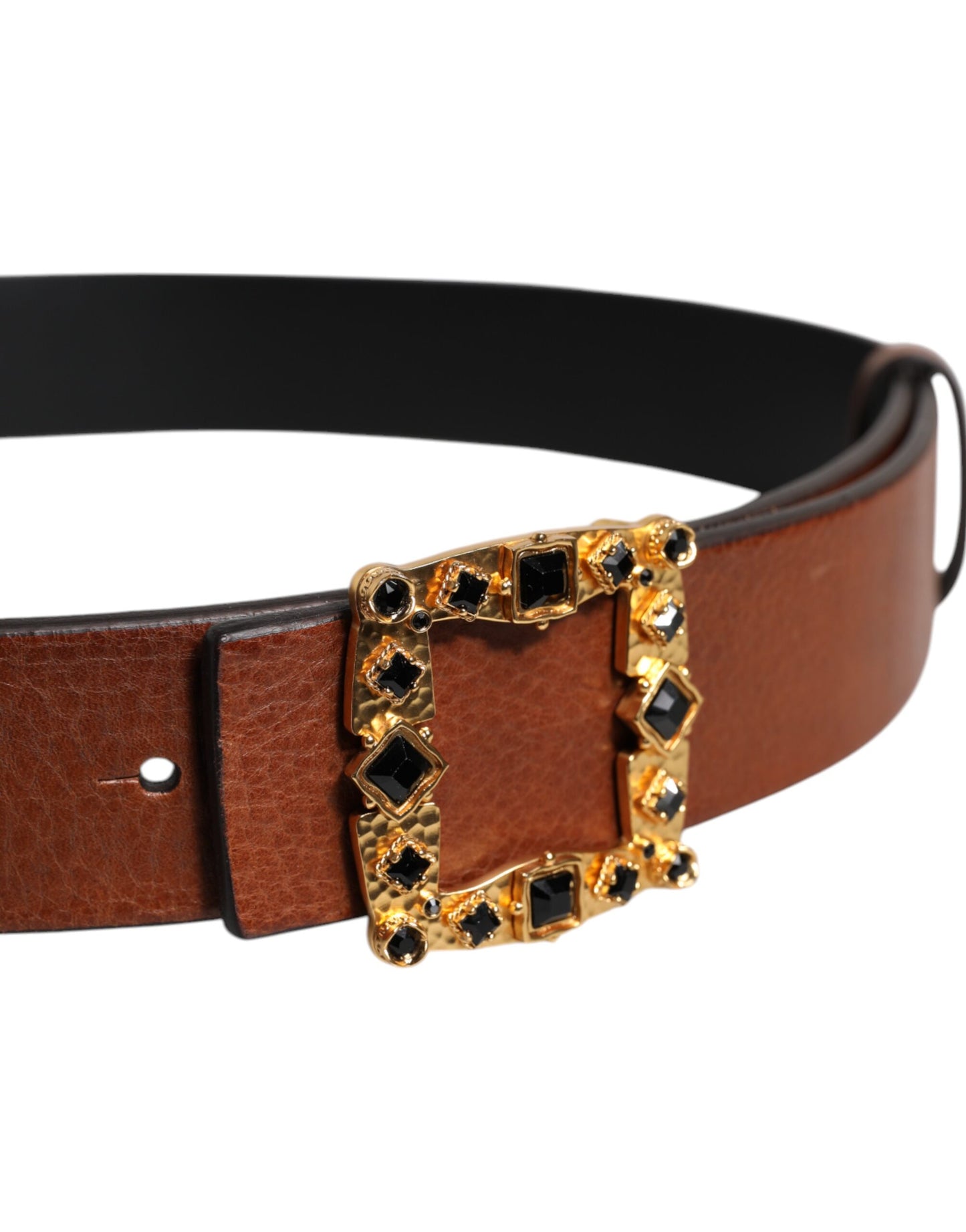 Brown Leather Gold Crystal Buckle Belt