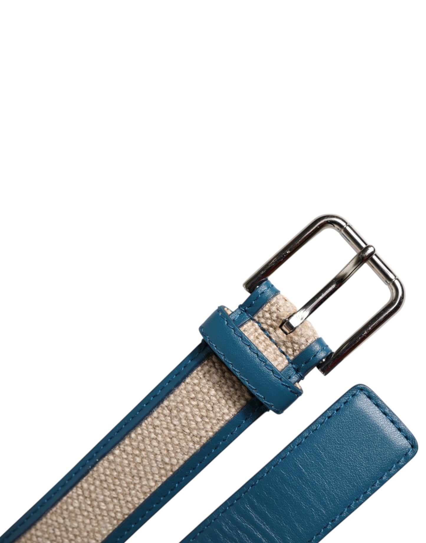 Blue Beige Leather Weaved Metal Buckle Belt