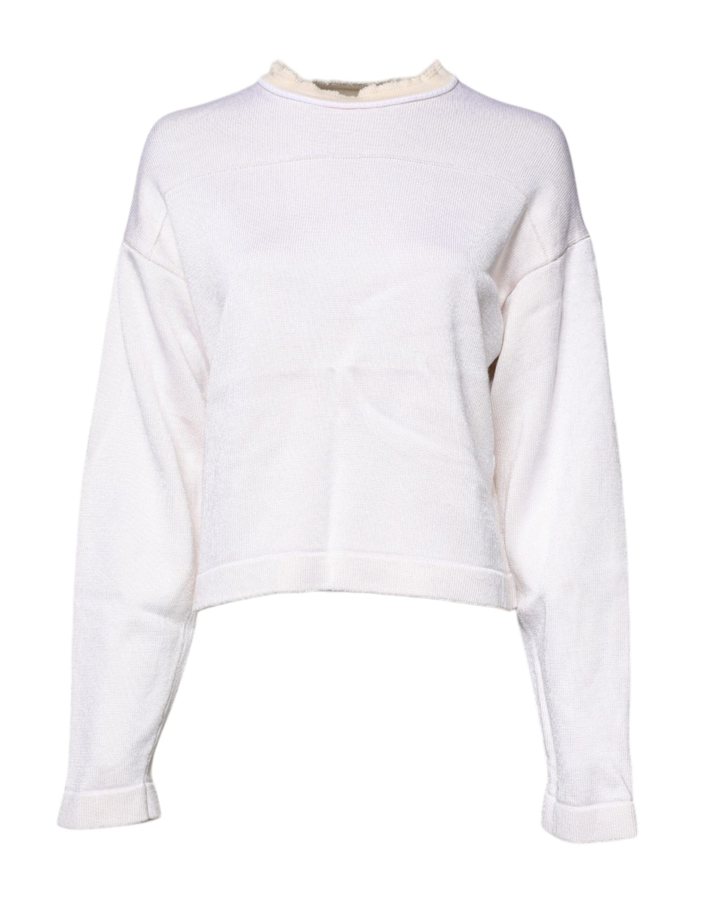 White Viscose Crew Neck Long Sleeves Pullover Sweater