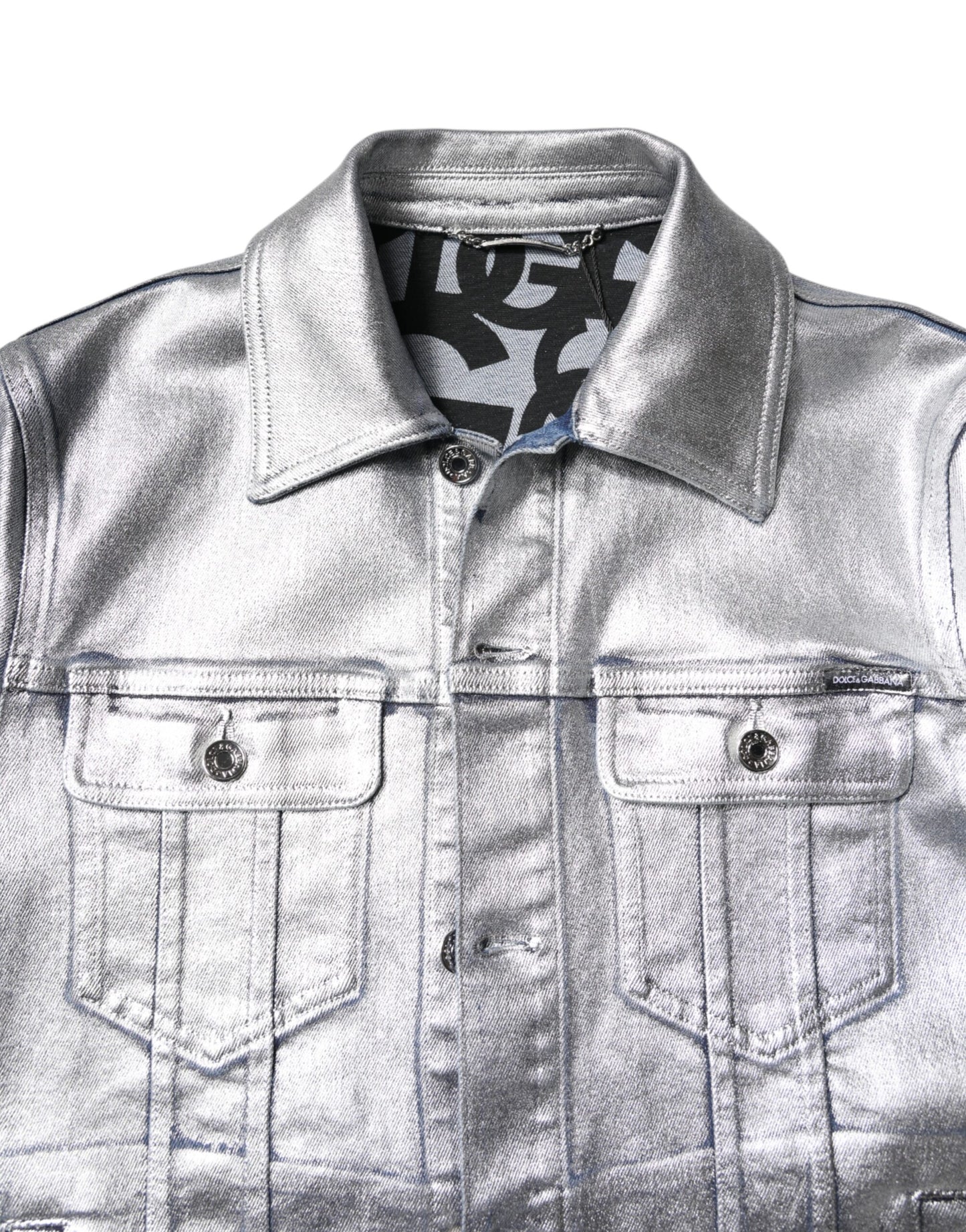 Silver Cotton Button Down Denim Biker Jacket
