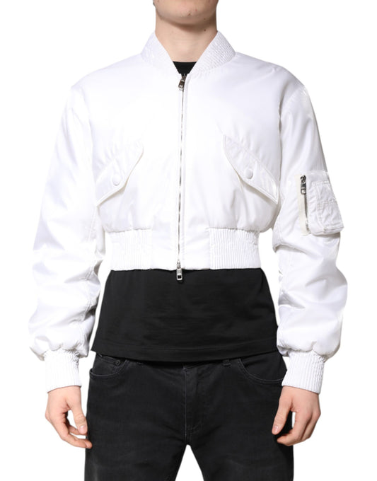 White Nylon Full Zip Cropped Bomber Jacket