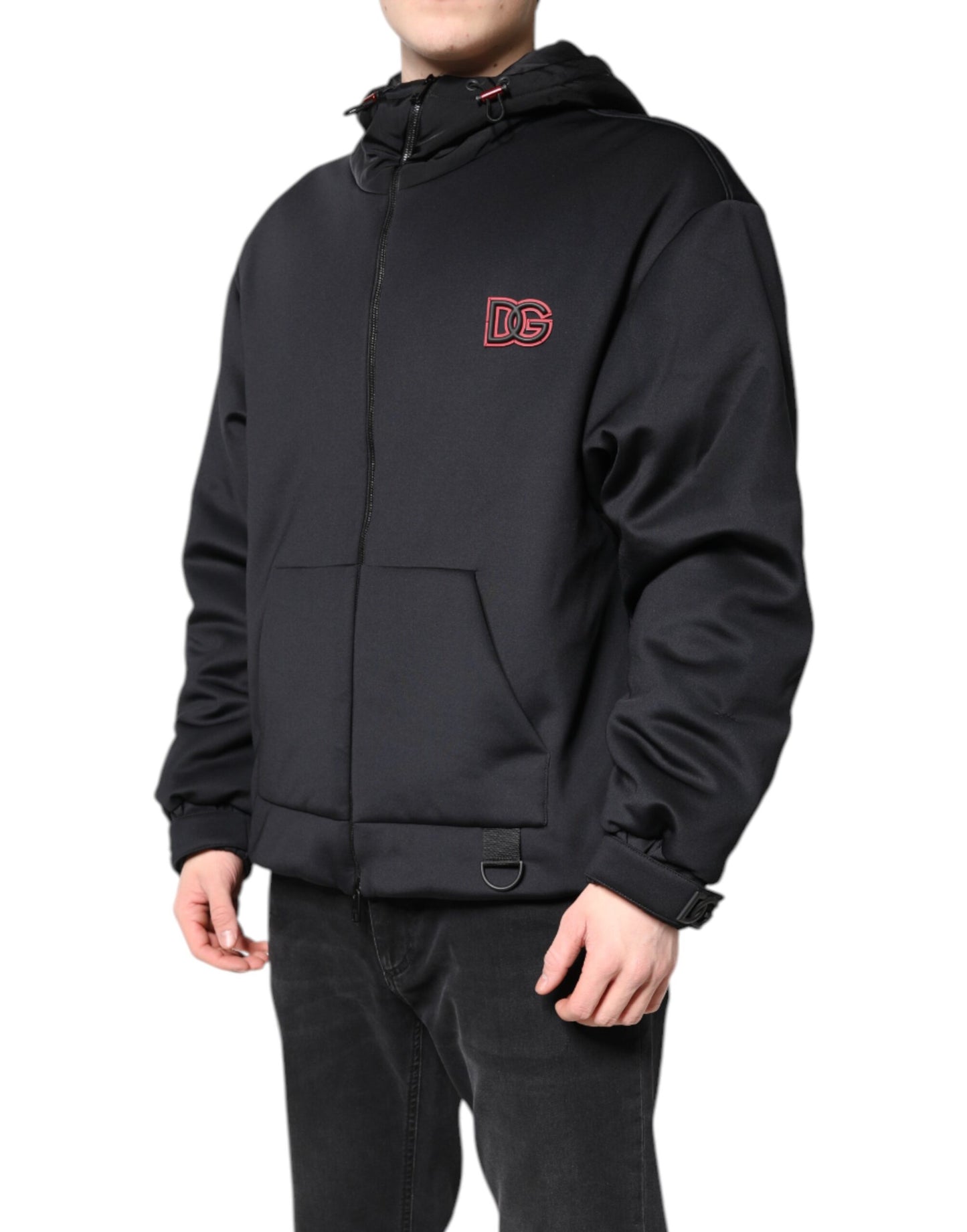 Black Polyester DG Hooded Full Zip Jacket