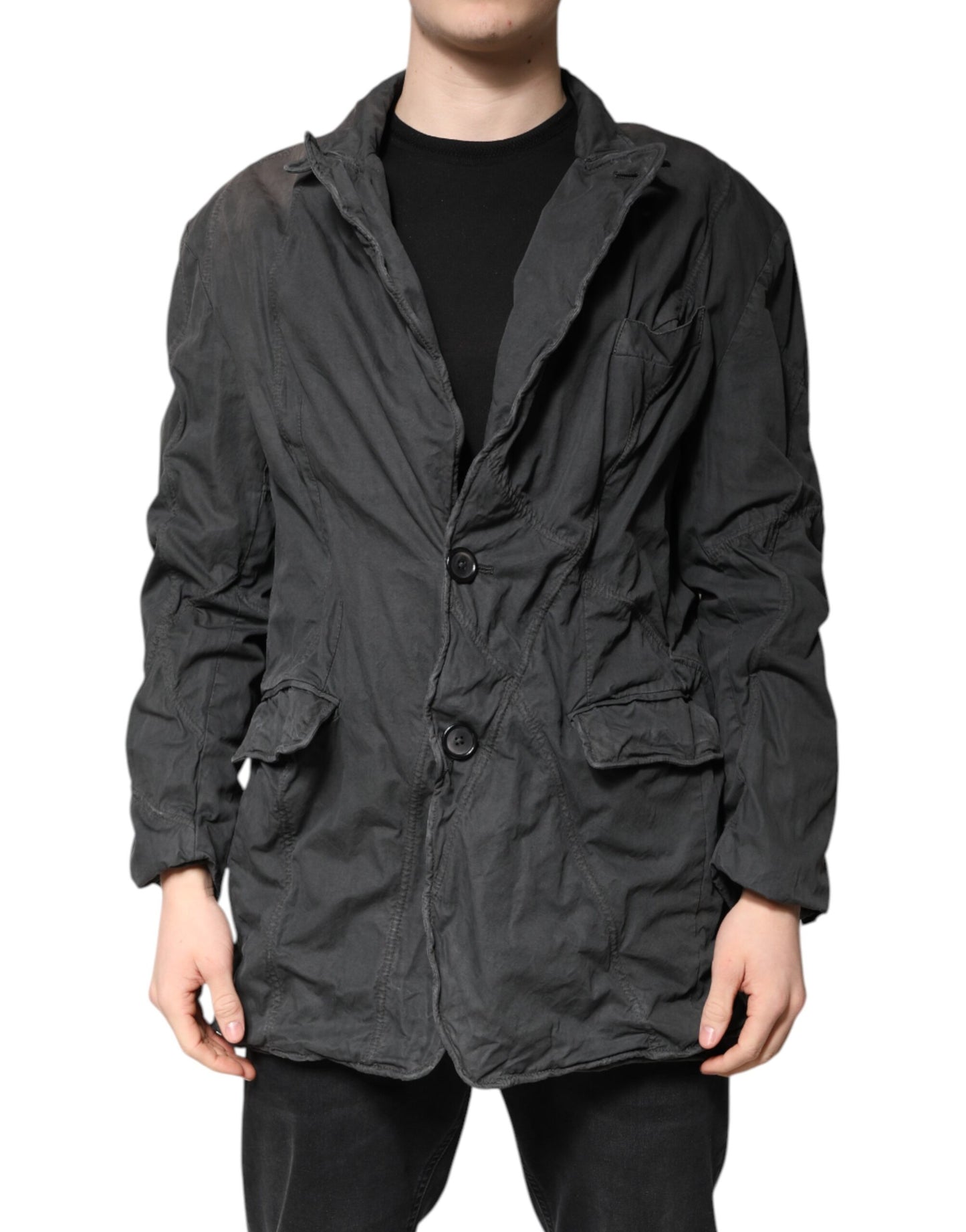 Black Solid Cotton Collared Coat Jacket