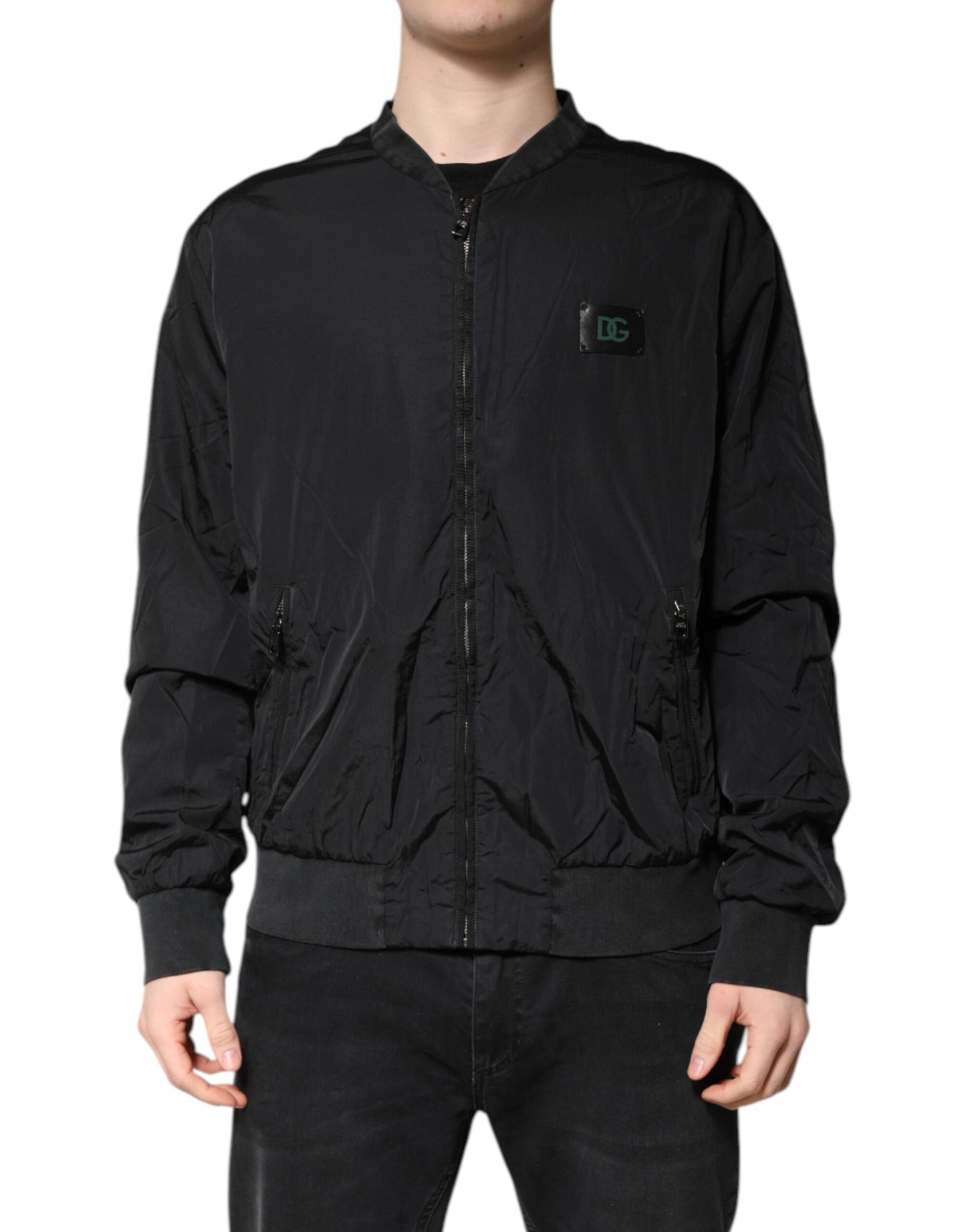 Black Nylon Logo Full Zip Bomber Jacket