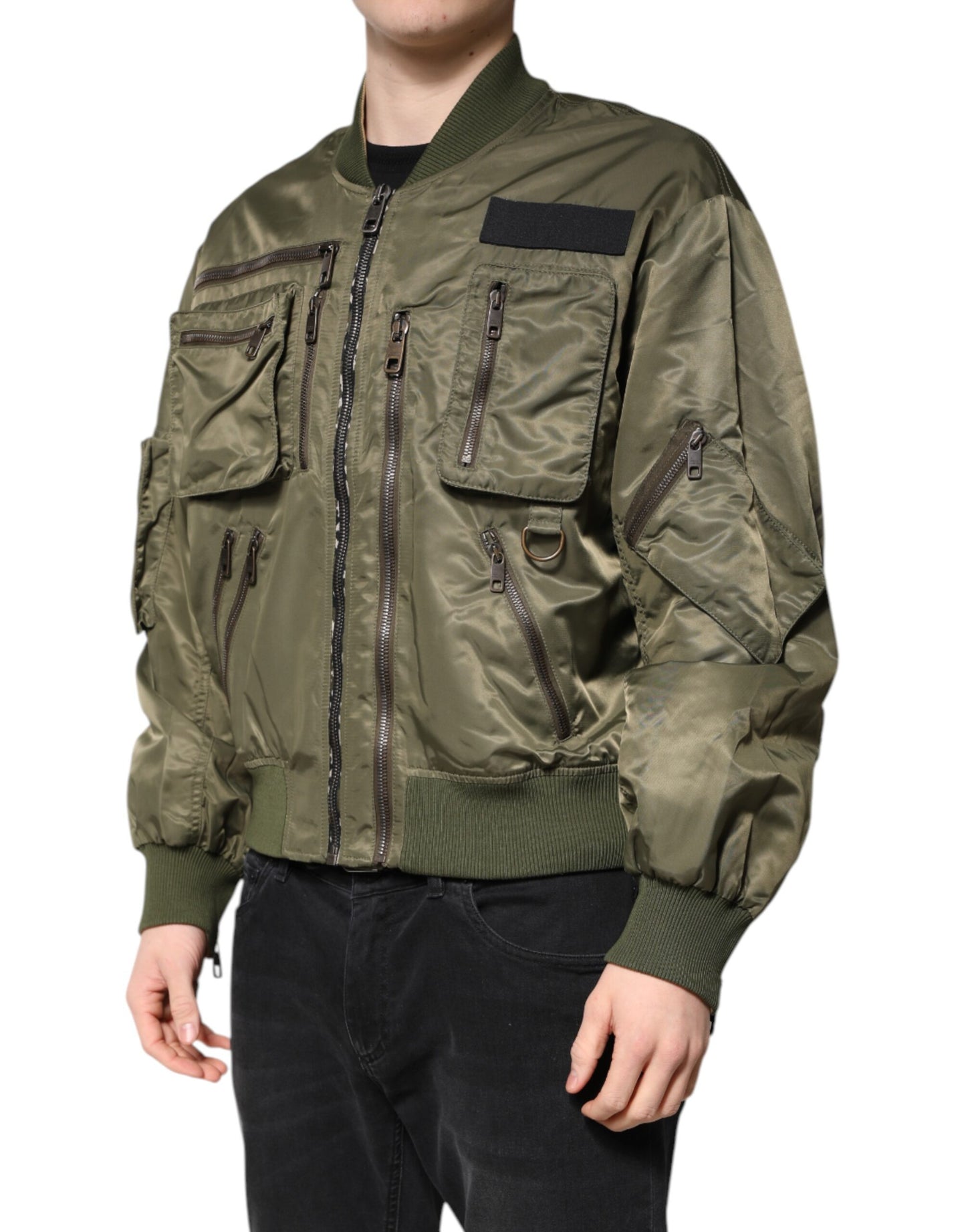 Green Nylon Full Zip Men Bomber Jacket