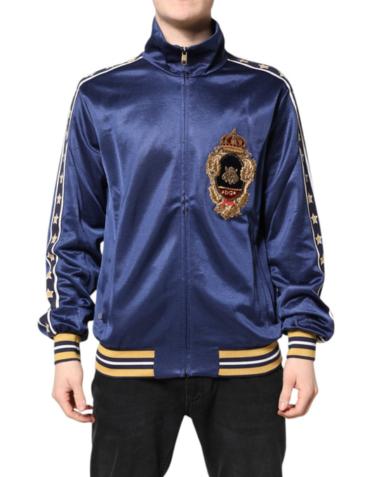 Blue Nylon Logo Patch Men Bomber Sweater