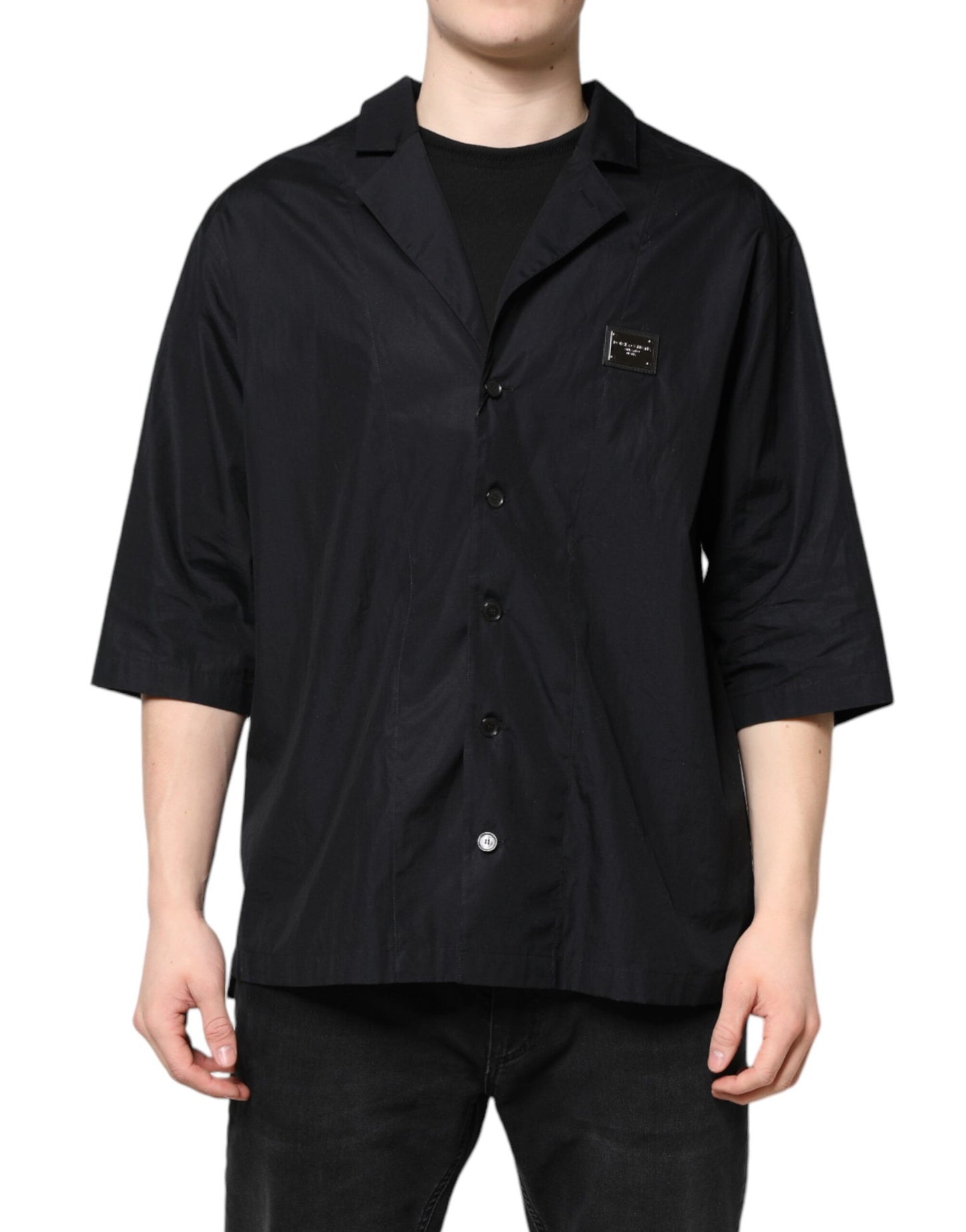 Black Short Sleeves Button Down Casual Shirt