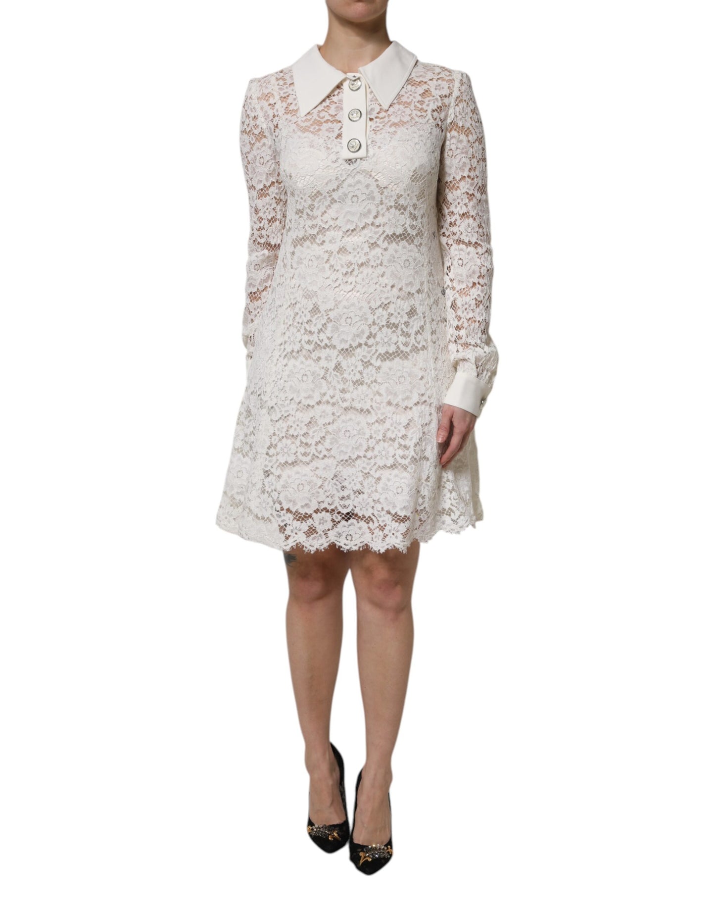 White Floral Lace Long Sleeves A-line Dress