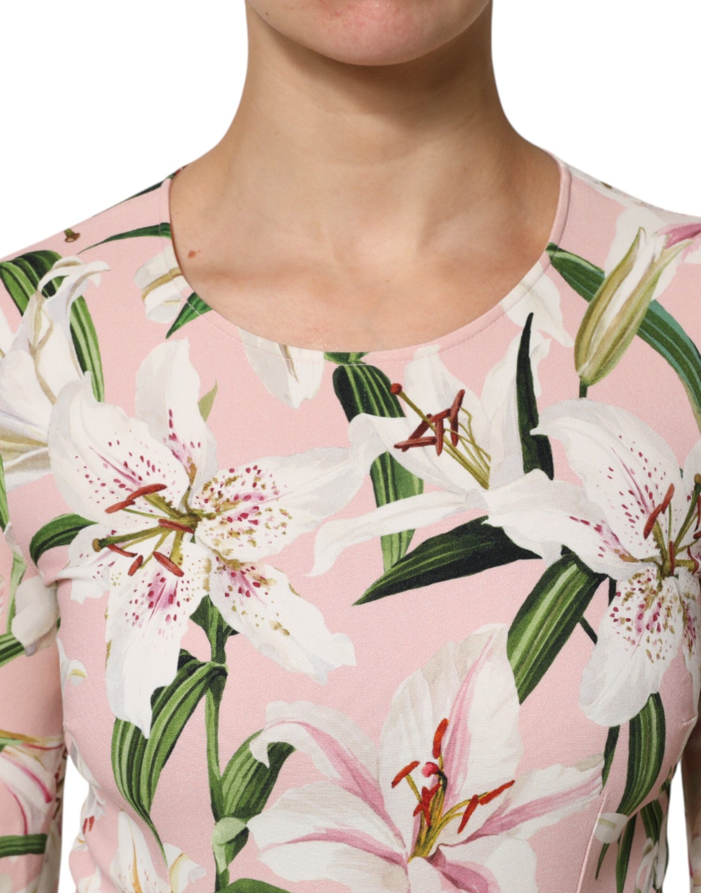 Pink Lily Print Viscose Round Neck Blouse Top
