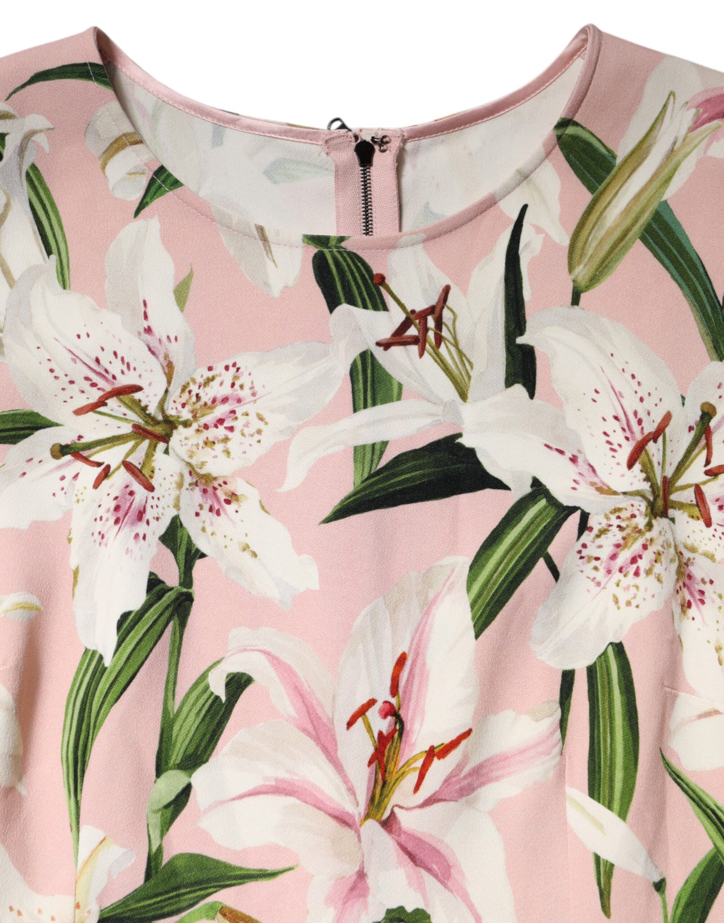 Pink Lily Print Viscose Round Neck Blouse Top