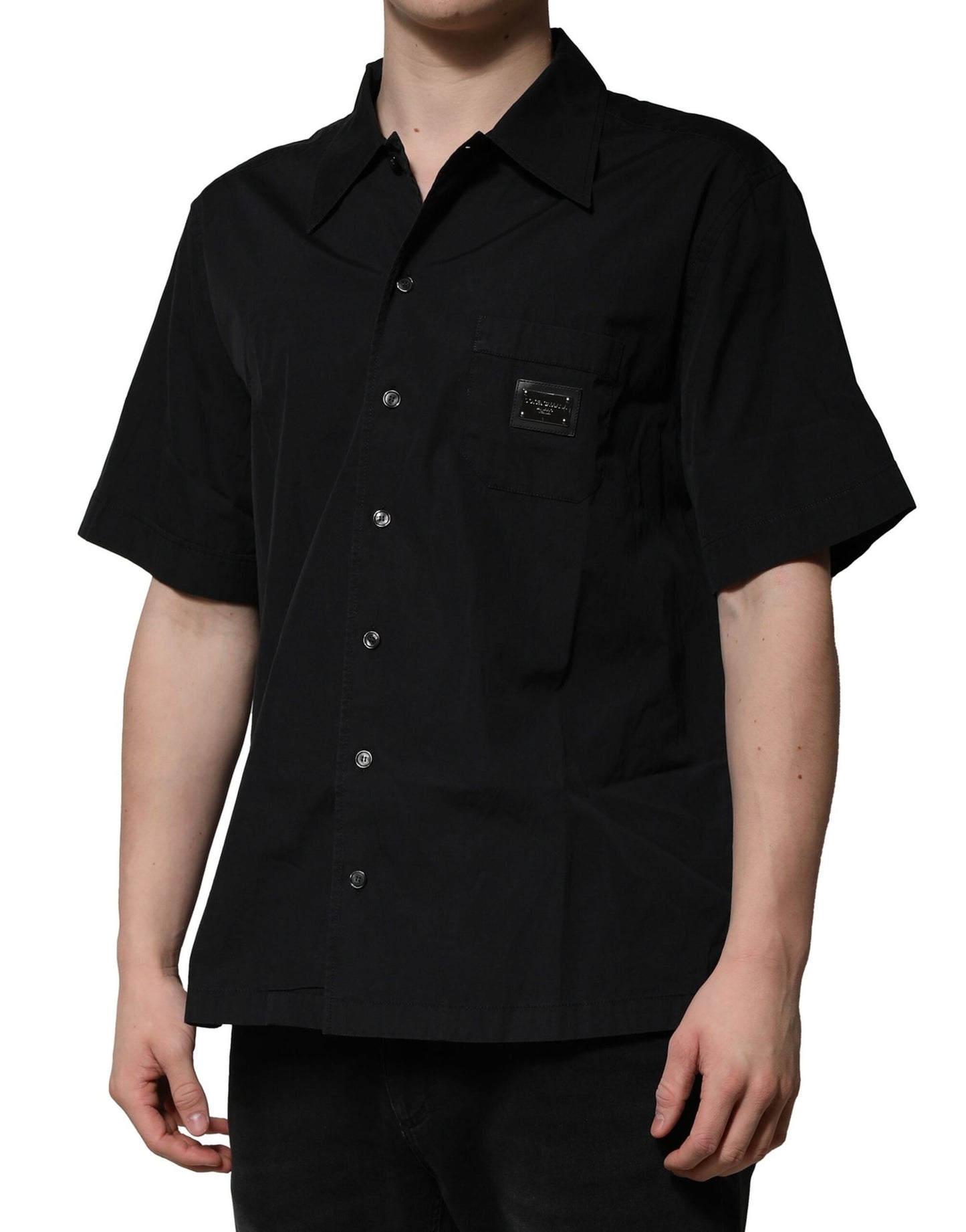 Black Cotton Short Sleeve Buttoned Casual Shirt