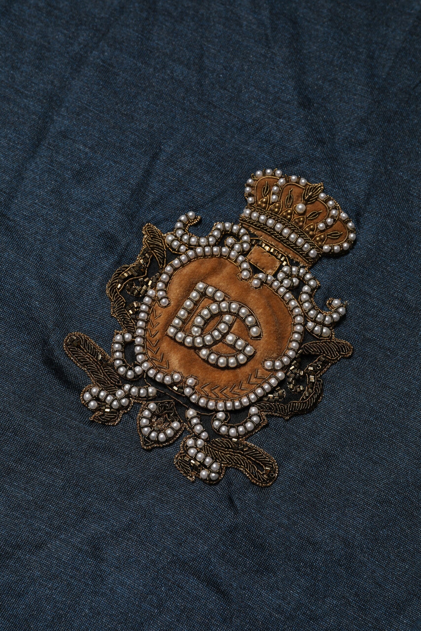 Dark Blue Silk Logo Patch Crew Neck T-shirt