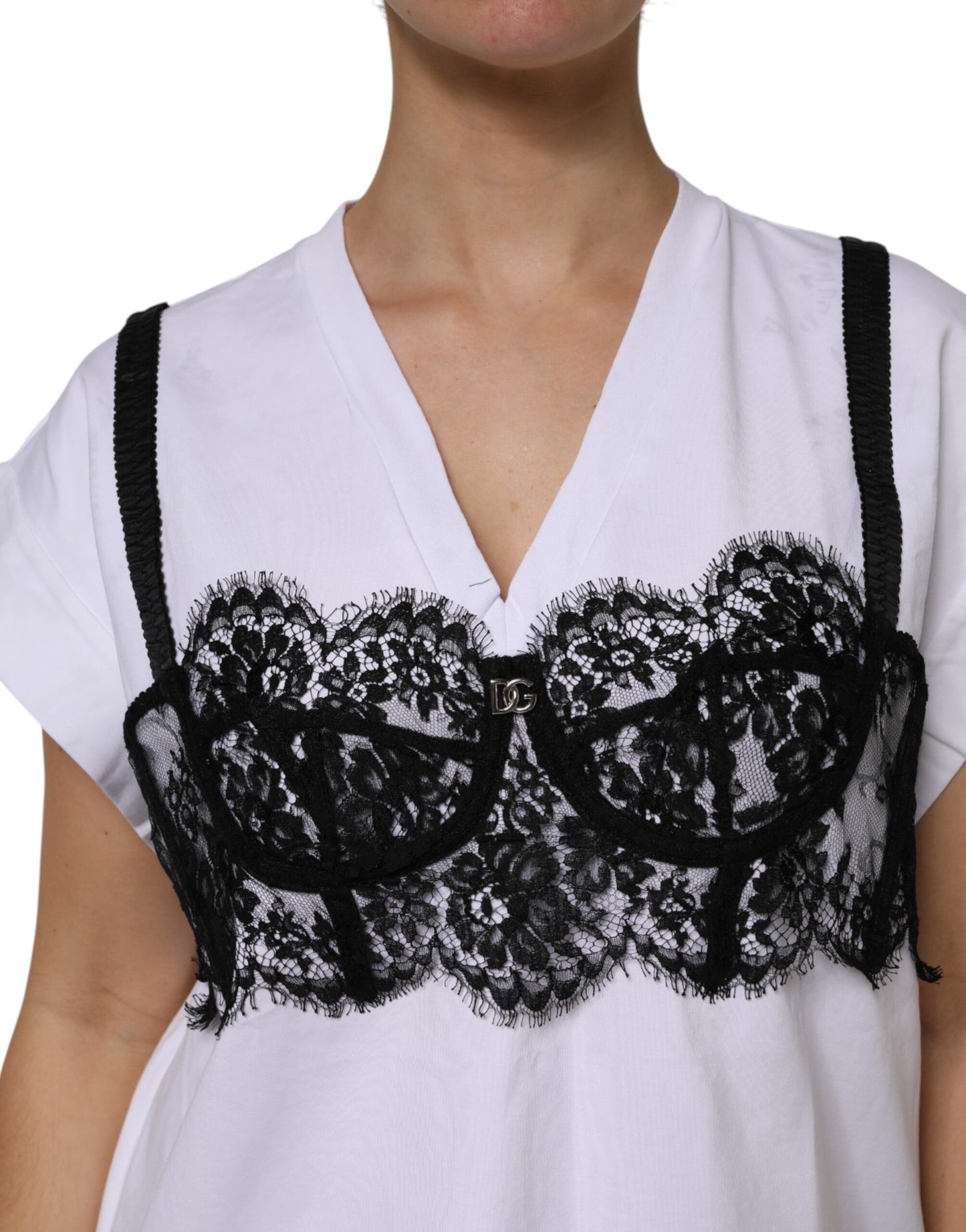 White Lace Cotton V-Neck Short Sleeves Top