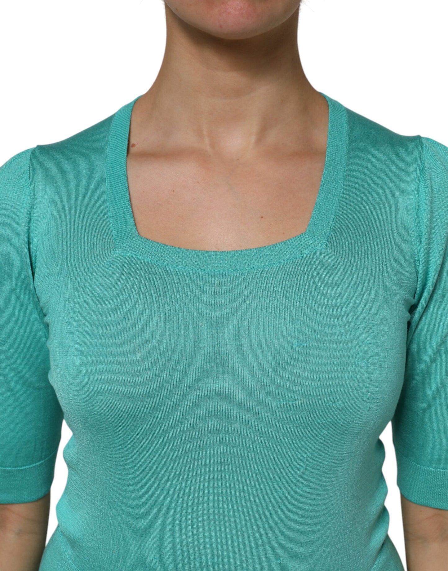 Aqua Blue Silk Short Sleeves Square Neck Top