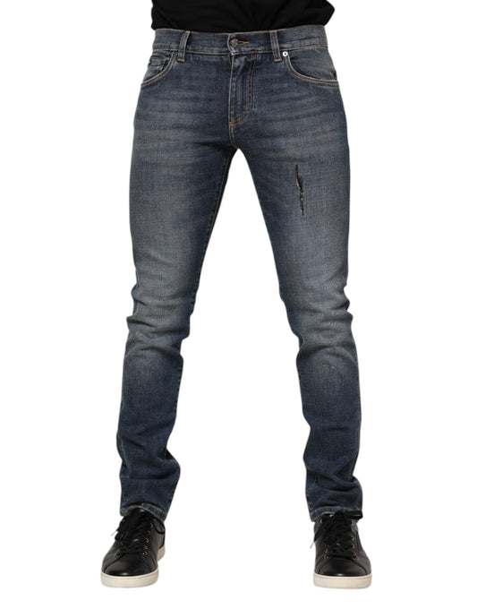 Blue Washed Skinny Logo Plaque Men Denim Jeans