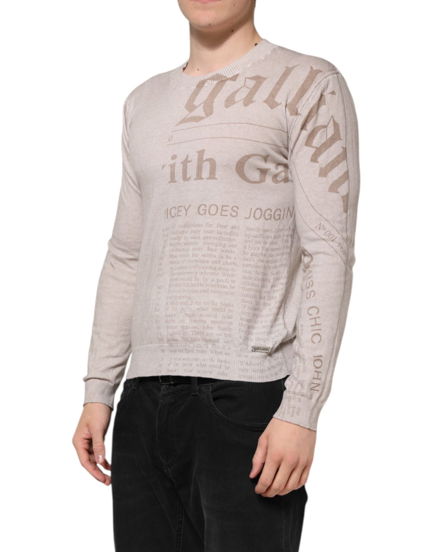 Beige Printed Logo Roundneck Long Sleeves Men Sweater