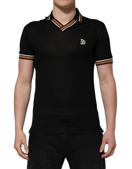 Black DG Silk V-neck Collared Men Polo T-shirt