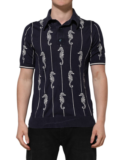 Dark Blue Sea Horse Collared Polo T-shirt
