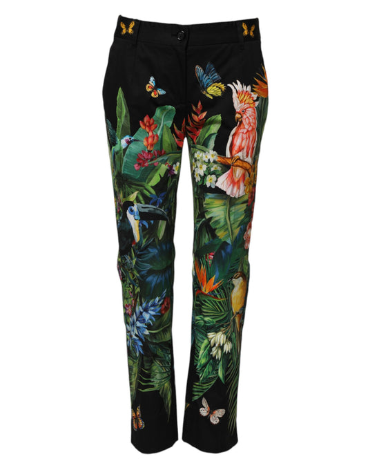 Black Cotton Tropical Mid Waist Pants