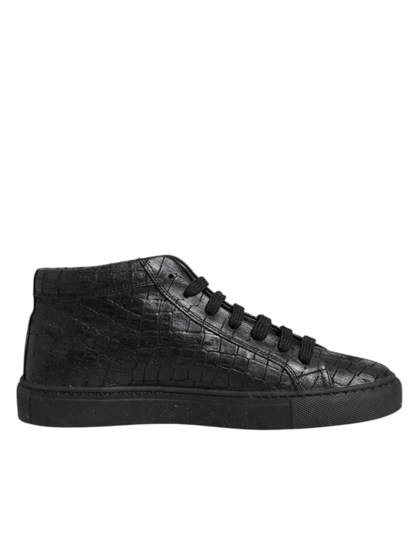Black Leather Lace Up Mid Top Sneakers Shoes
