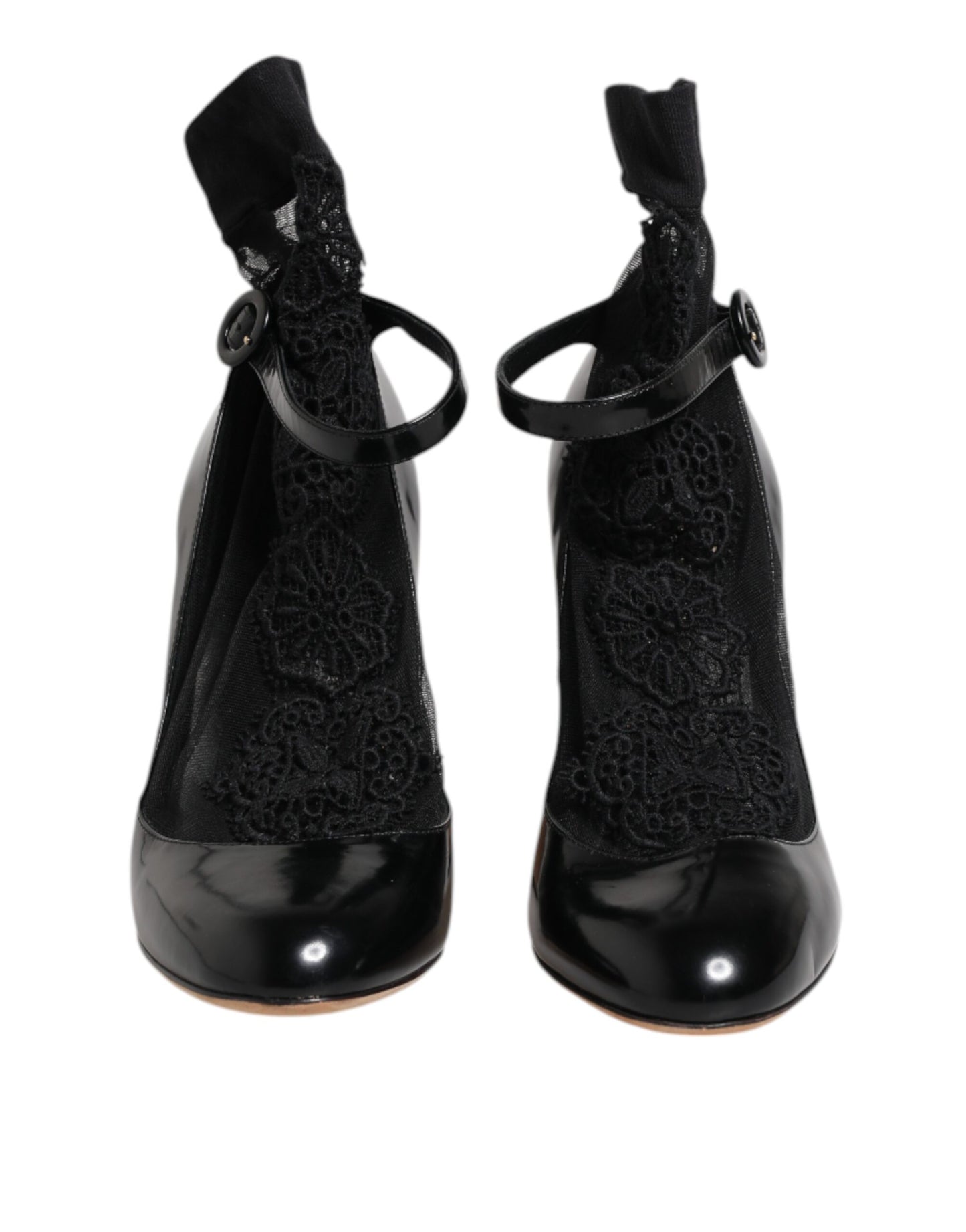 Black Leather Lace Socks Heels Pumps Shoes