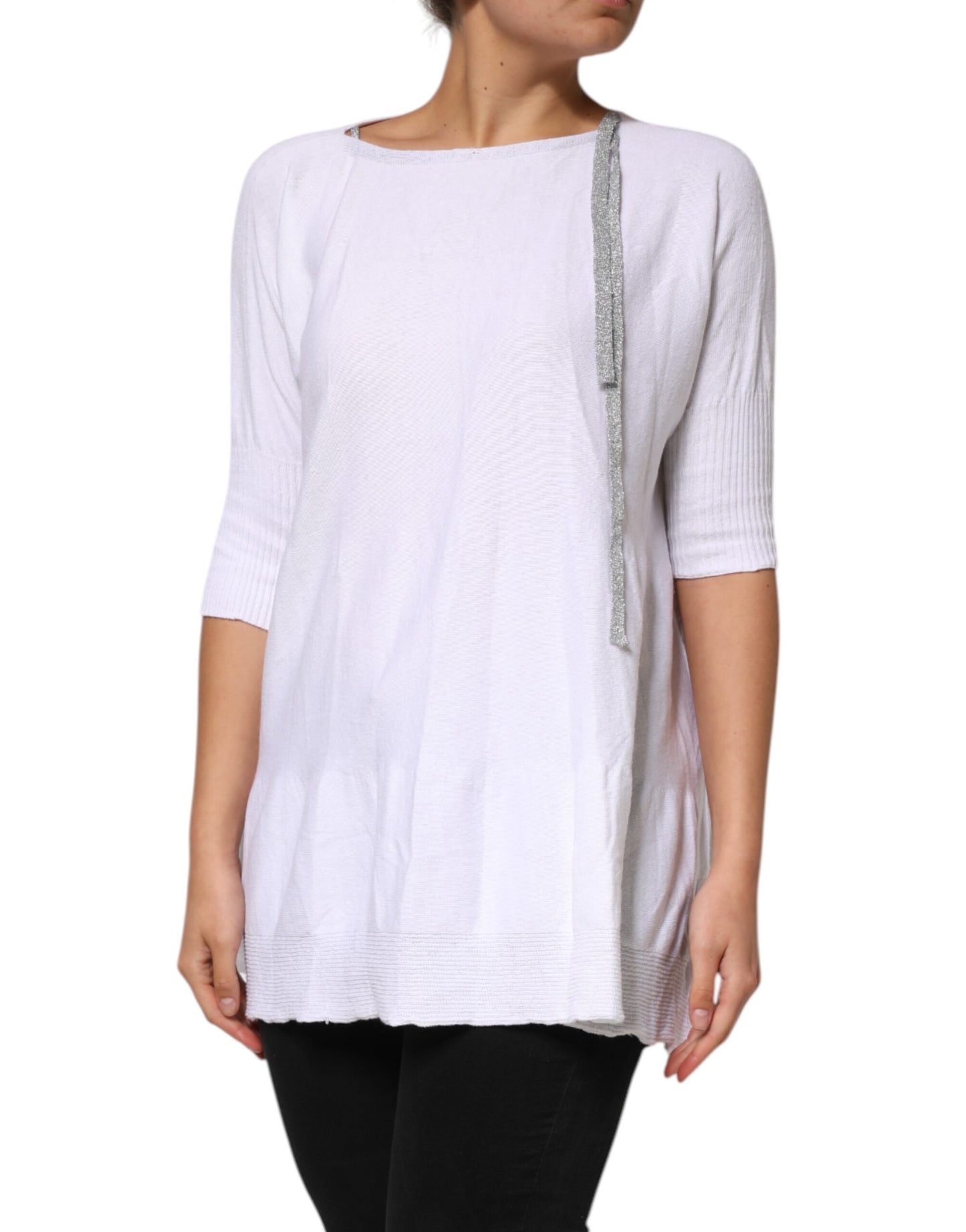 White Cotton Short Sleeves Round Neck Blouse Top
