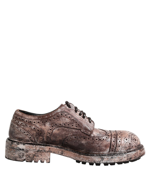 Brown Leather Distressed Brogue Lace Up Shoes