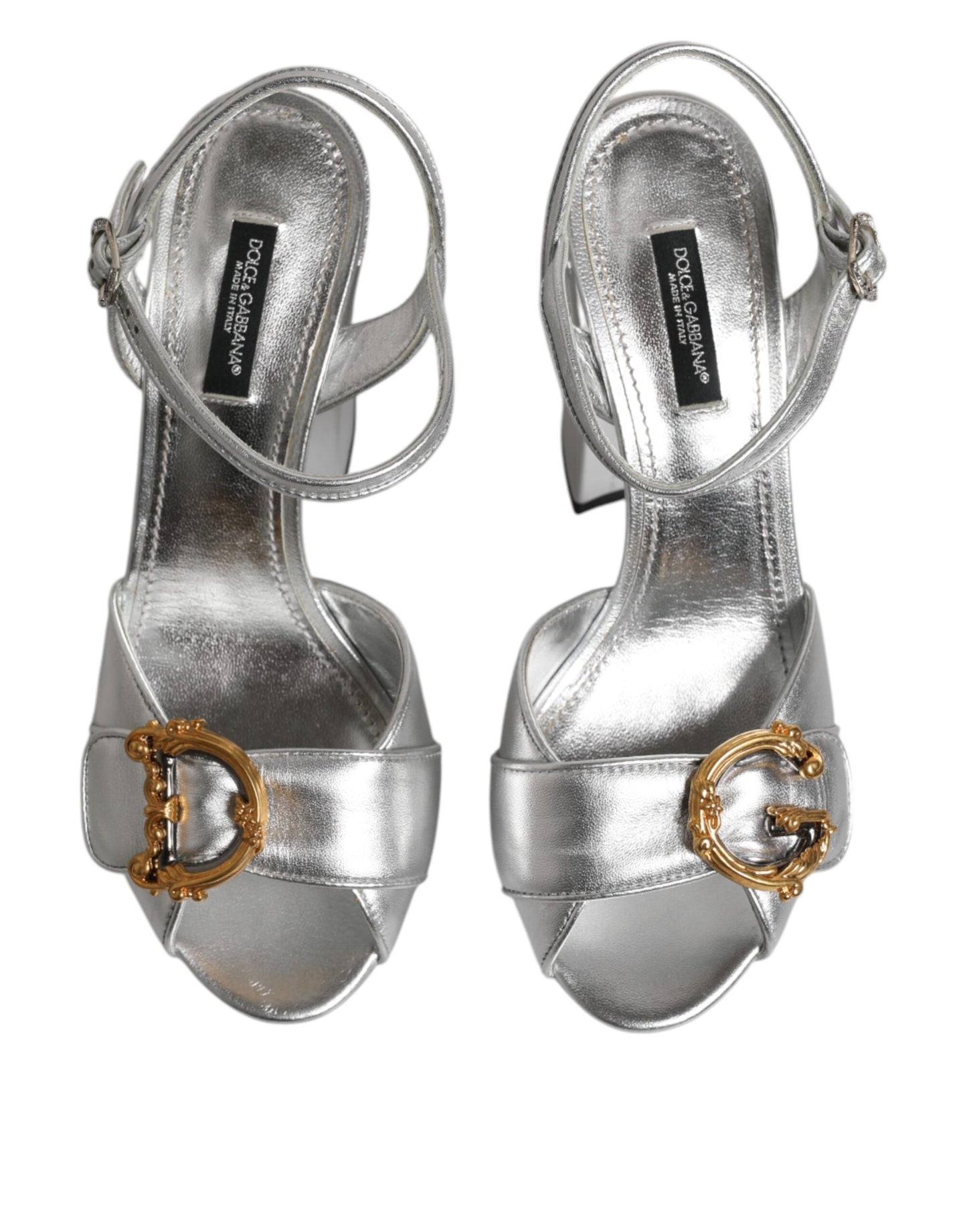 Silver Logo Ankle Strap Heels Sandals Shoes