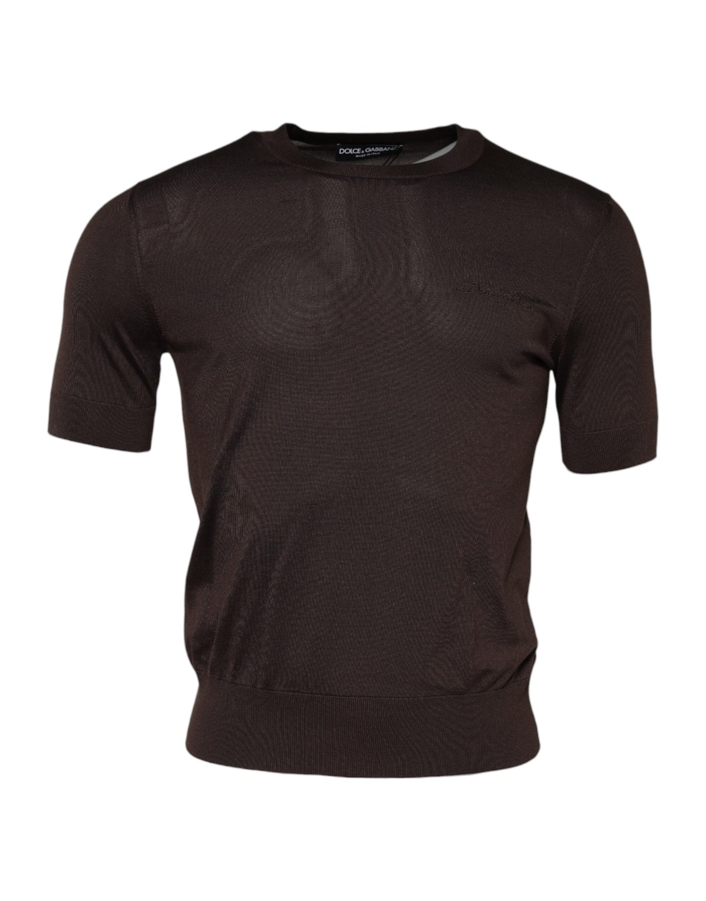 Brown Silk Crew Neck Short Sleeves T-shirt