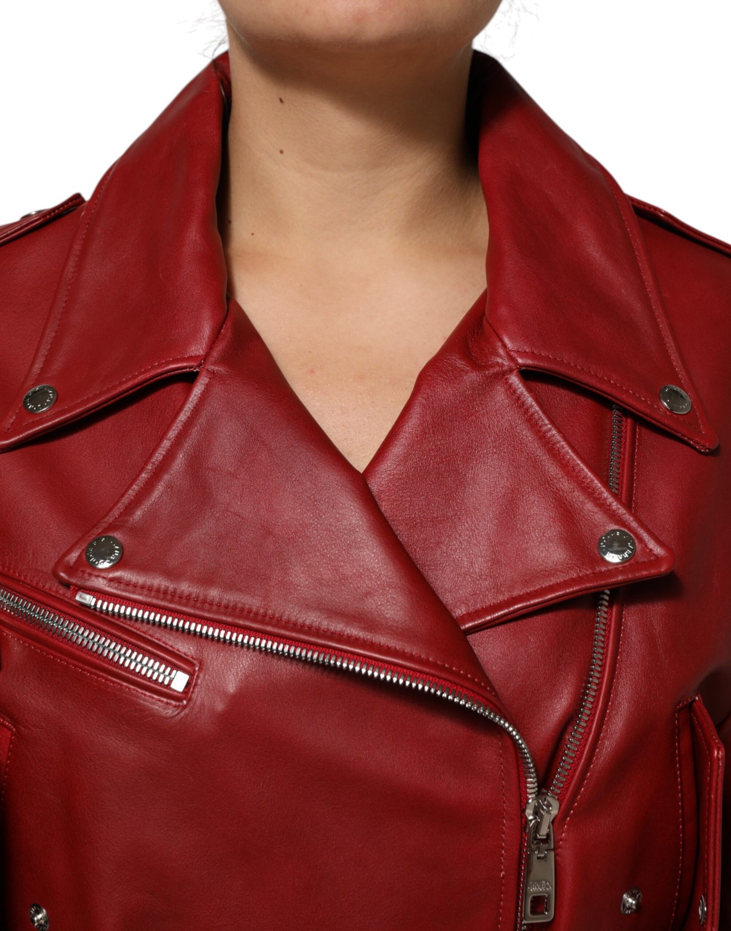 Red Leather Belted Full Zip Trench Coat Jacket