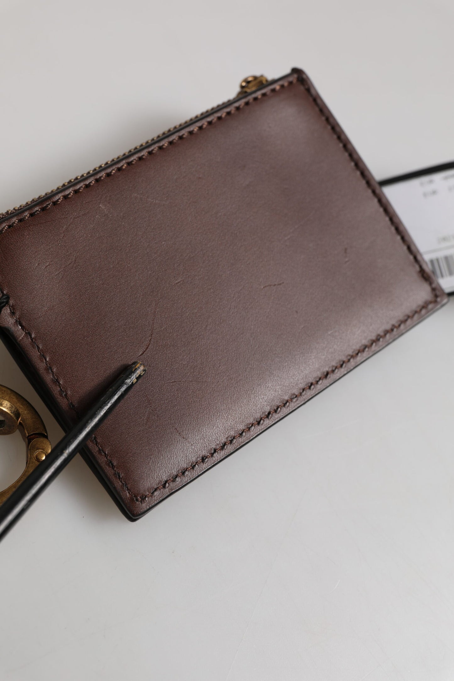 Brown Calf Leather Zip Logo Keyring Coin Purse Men Wallet