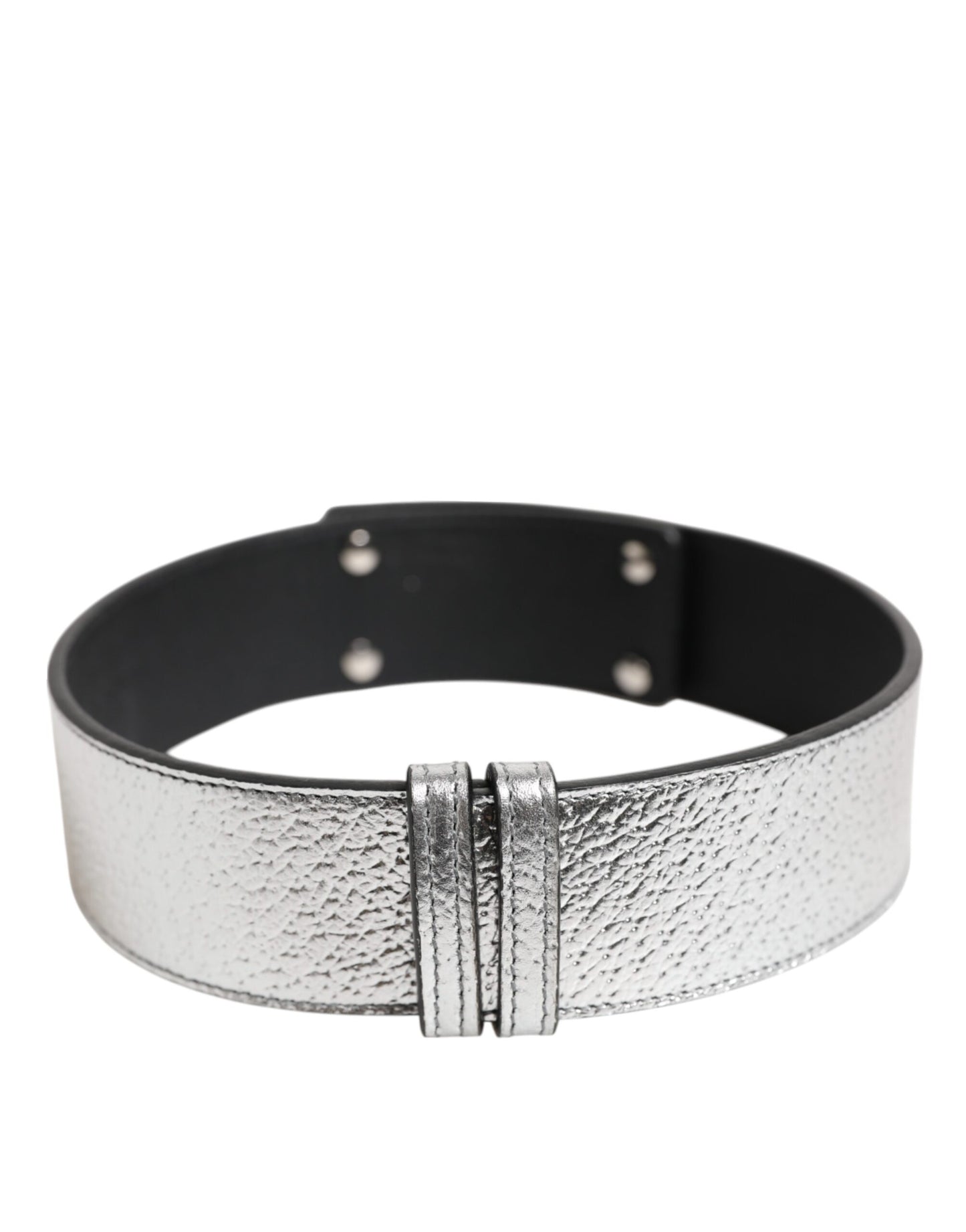 Silver Textured Leather Gold Tone Metal Neckband