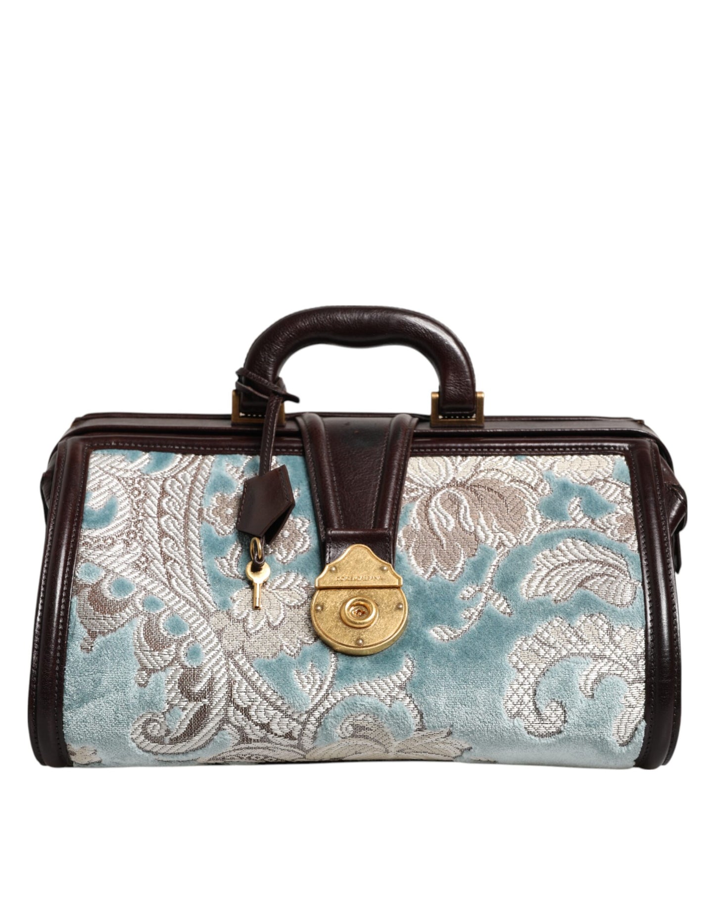 Blue Brown Leather Floral Jacquard Travel Handbag Bag