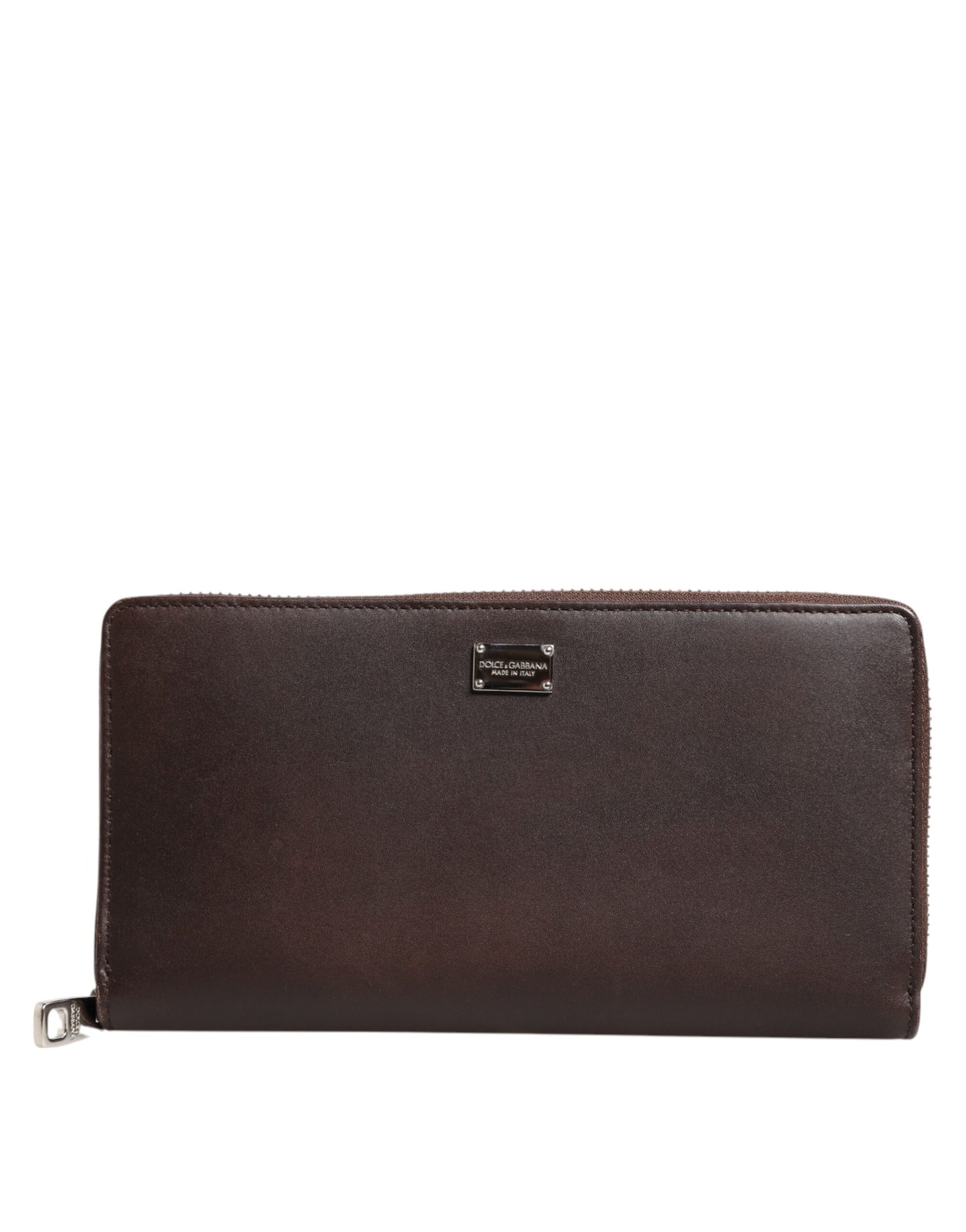Brown Calfskin Leather Logo Zip Around Continental Wallet