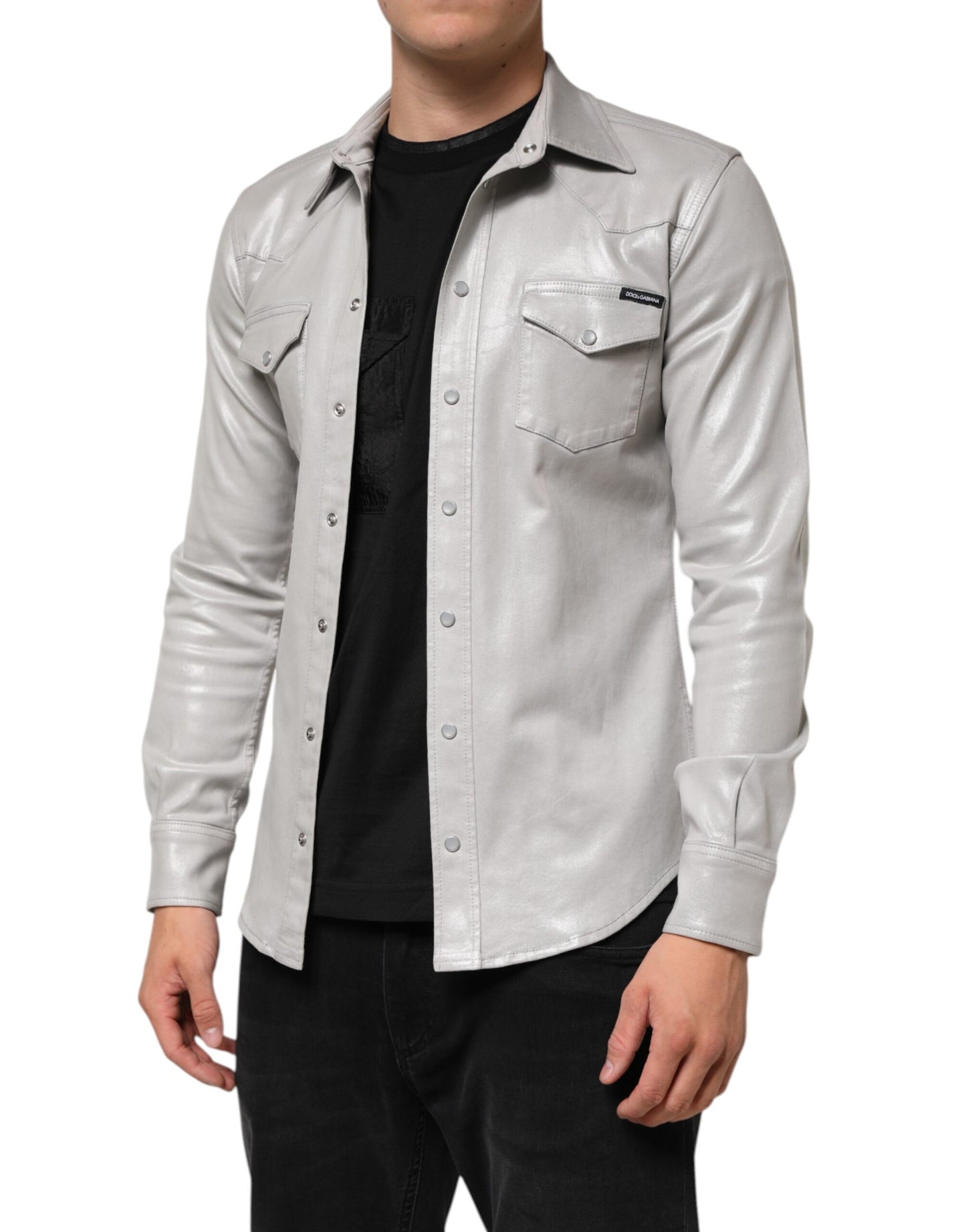 Metallic Gray Cotton Button Down Men Shirt