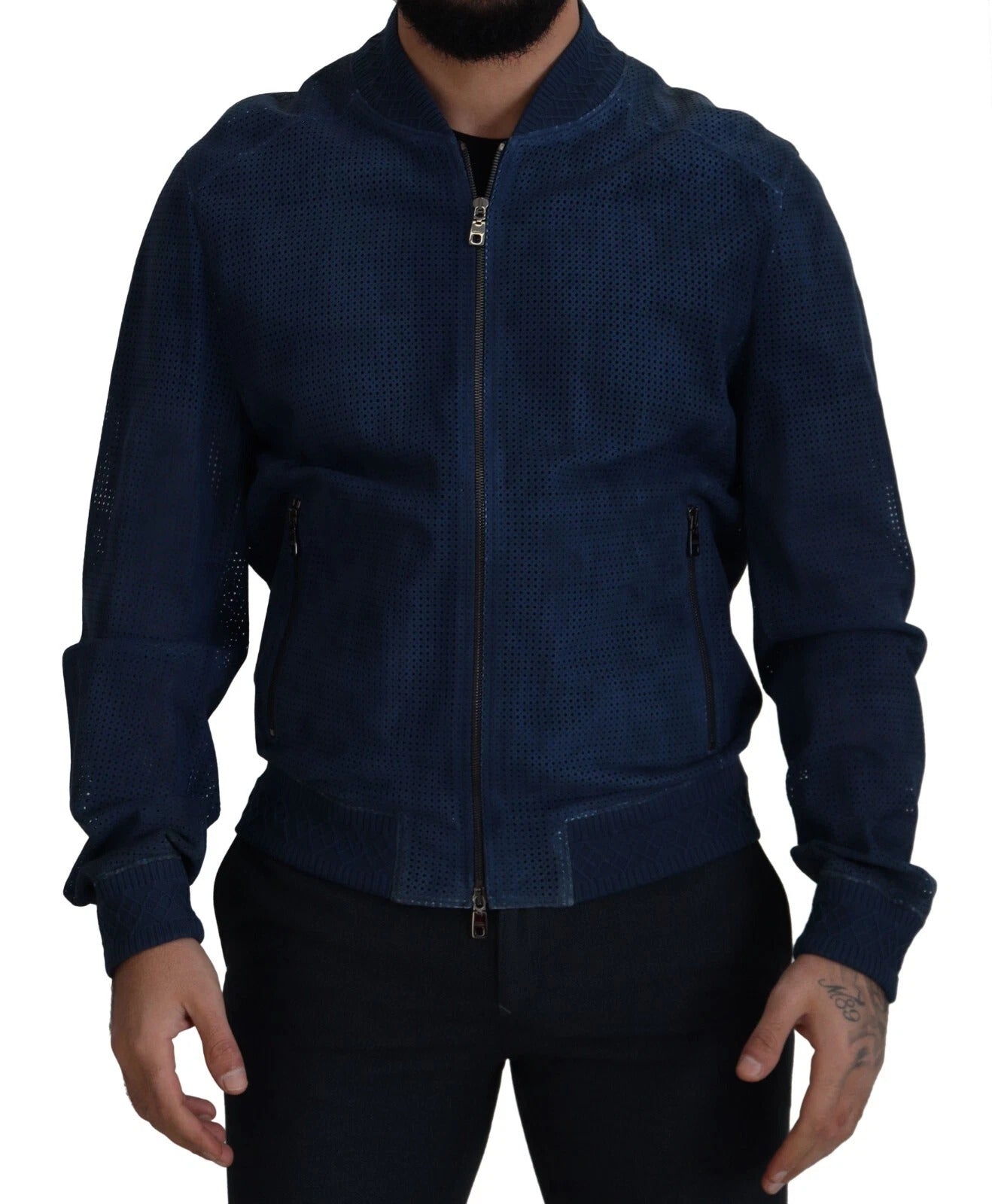 Blue Leather Perforated Full Zip Jacket