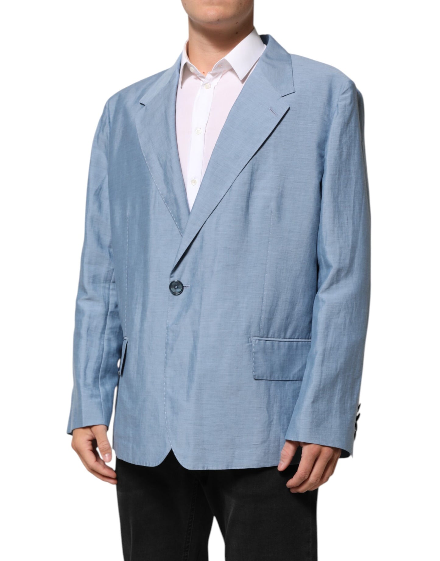 Light Blue Linen Double Breasted Men Jacket Blazer